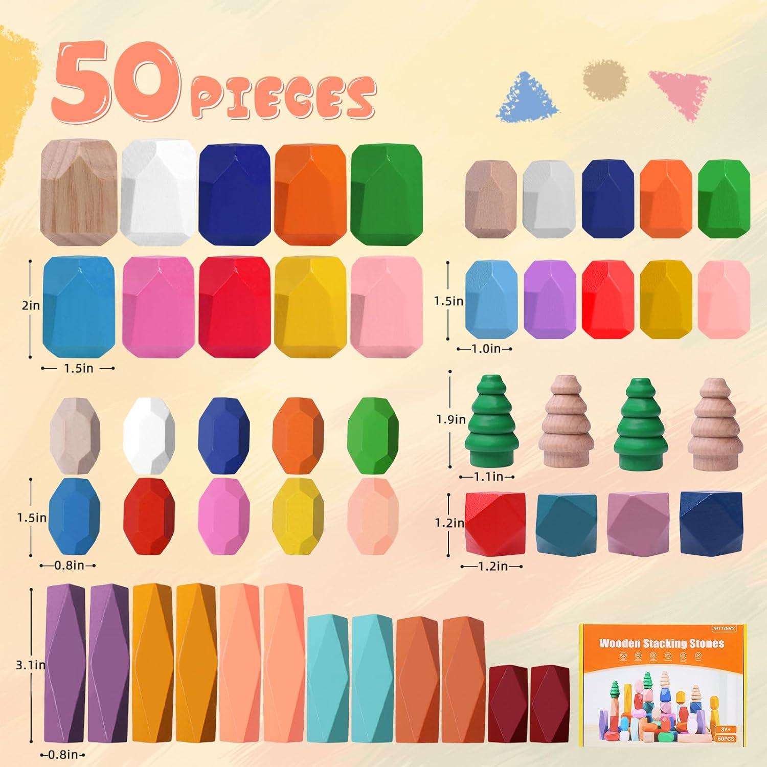50 PCS Juguetes de Rocas Apilables Madera MTTIERY 3-5 Años