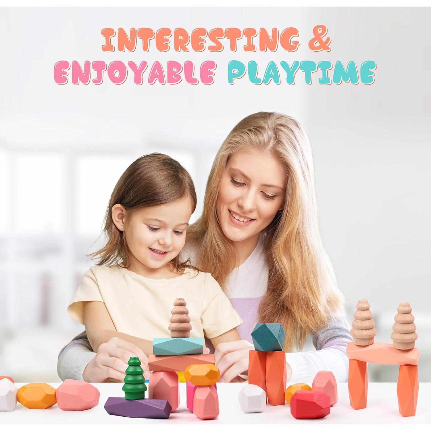50 PCS Juguetes de Rocas Apilables Madera MTTIERY 3-5 Años