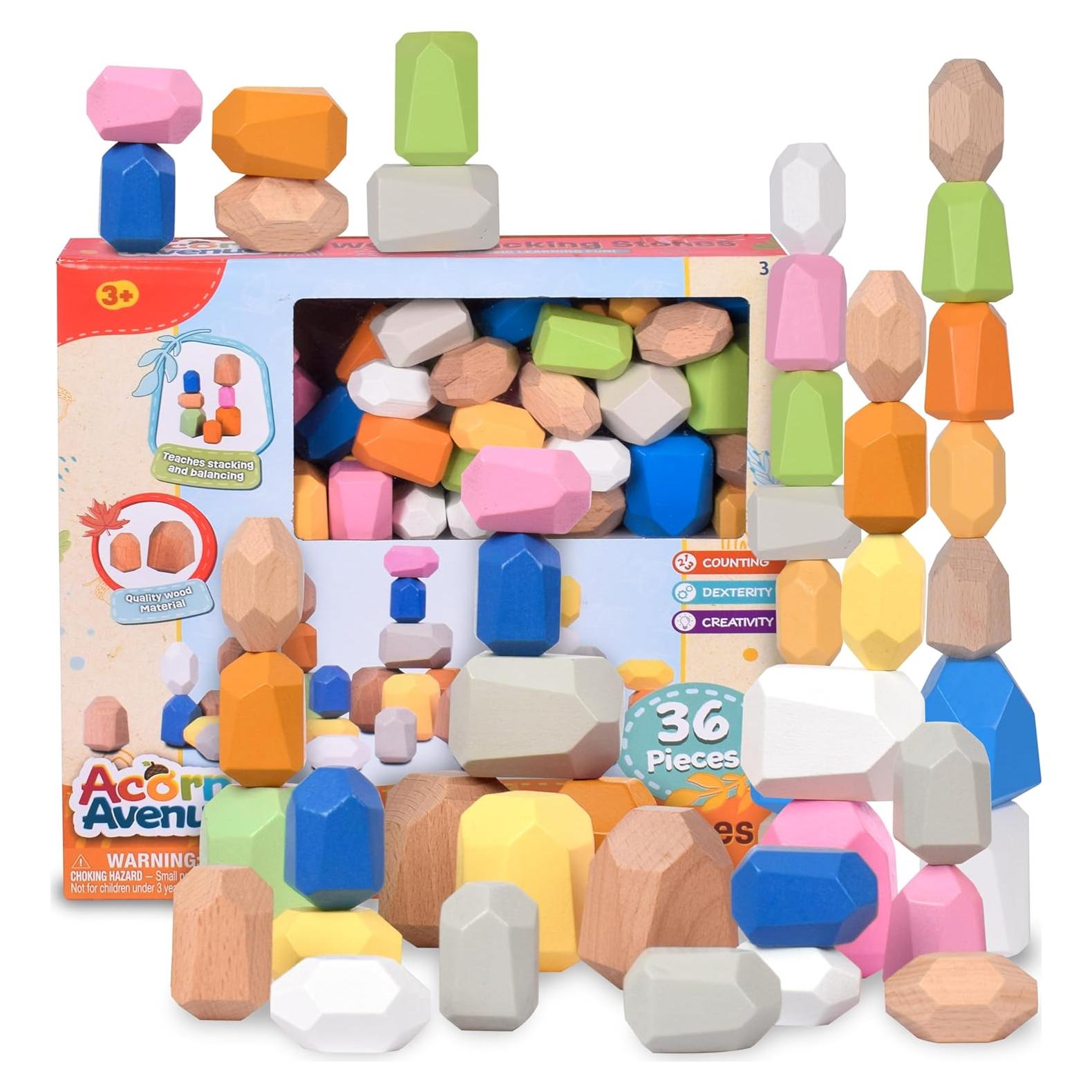 36 Piedras de Madera de Colores Brillantes Acorn Avenue