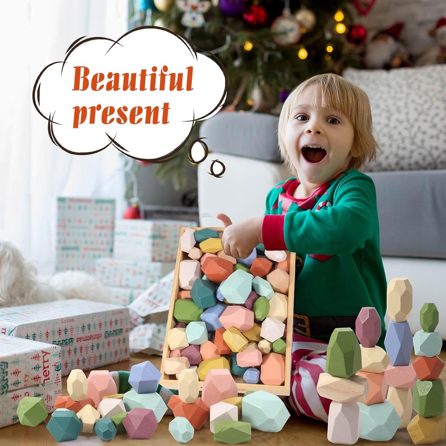 Juguetes Montessori Jenaai 60 Piezas Piedras de Madera Coloridas