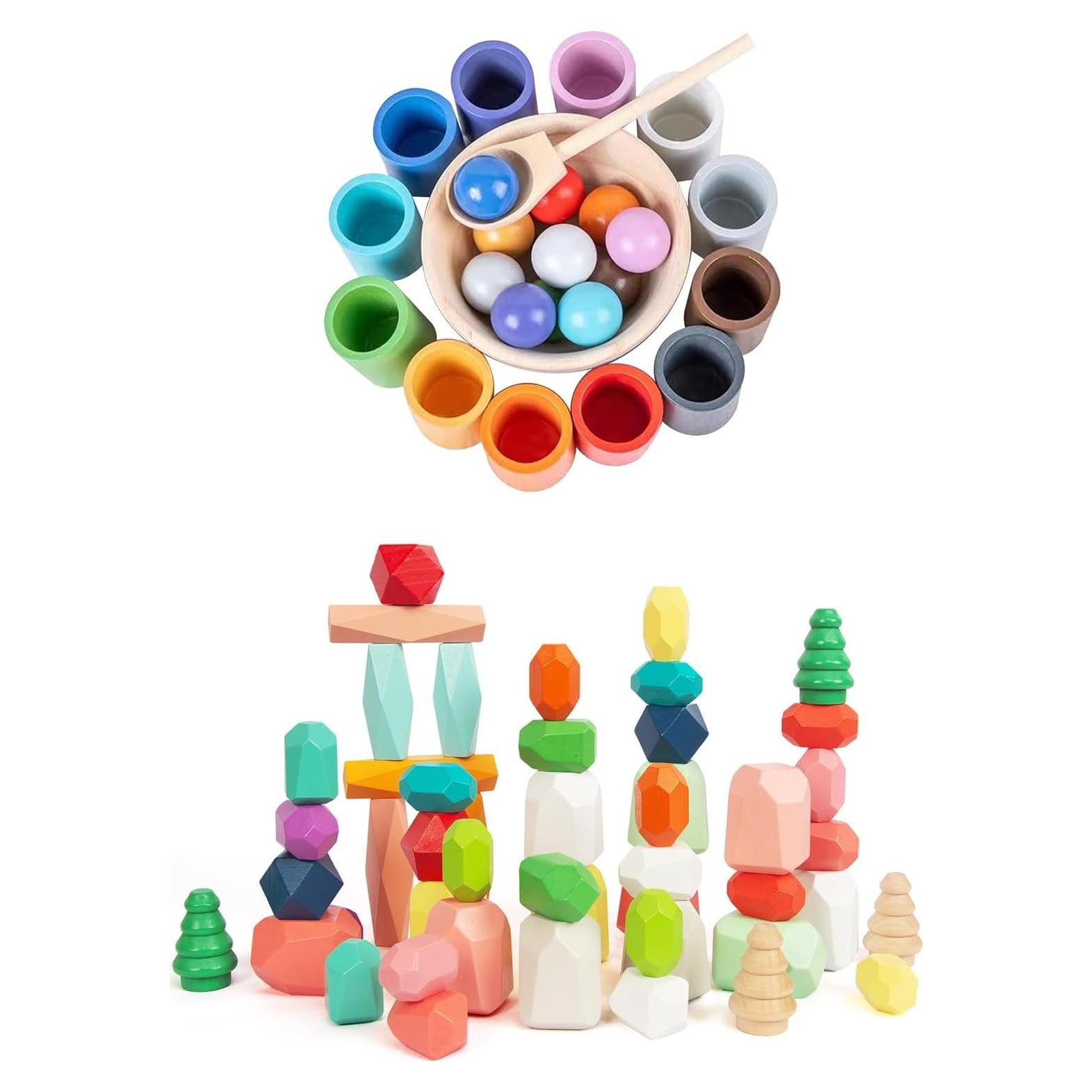 Juguete Montessori de Madera 48 PCS Rocas Apilables Colores