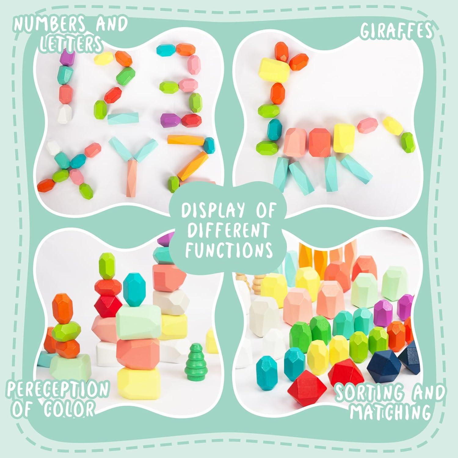 Juguete Montessori de Madera 48 PCS Rocas Apilables Colores