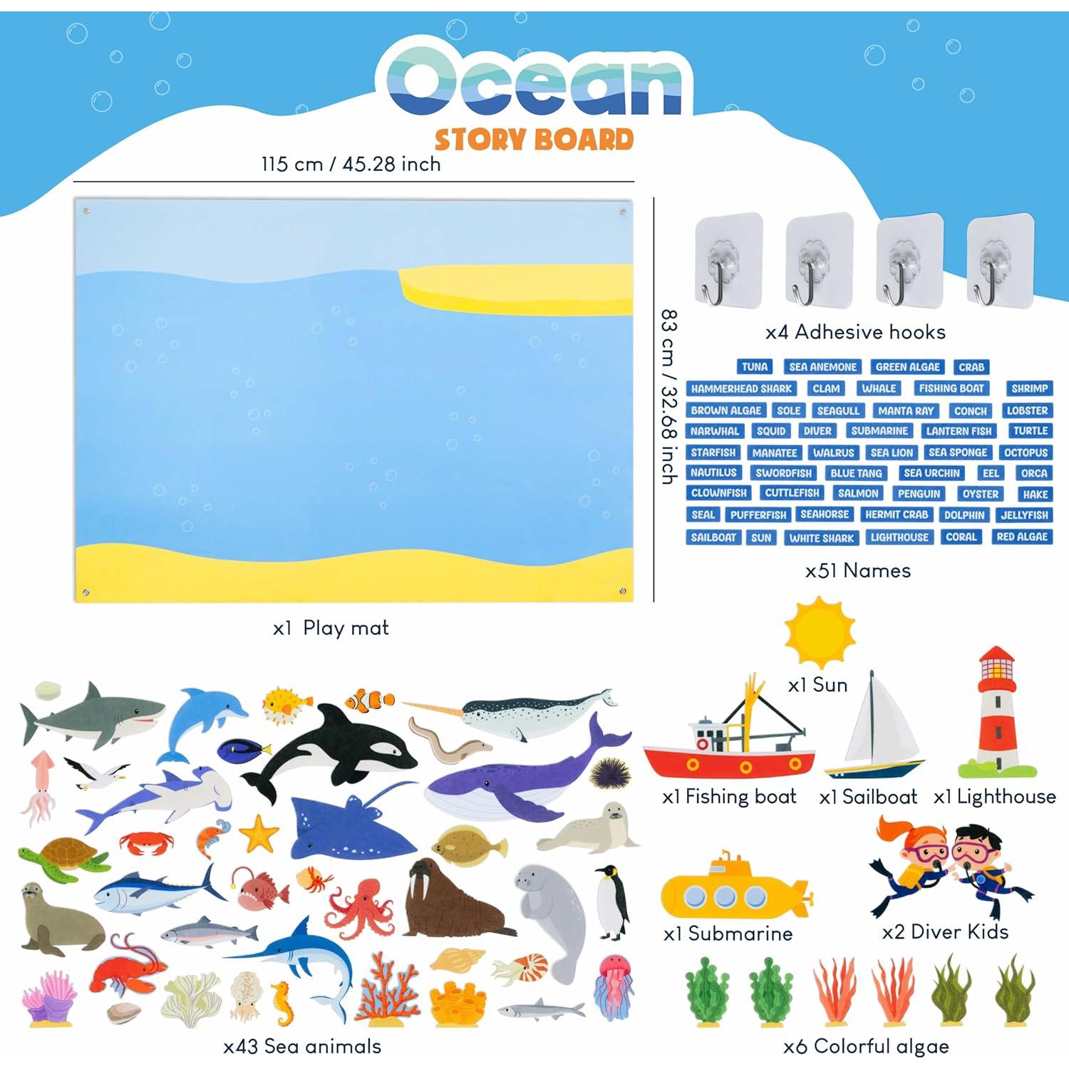 Tablero de Fieltro Bonnyco con 107 Figuras Marinas 115x82cm