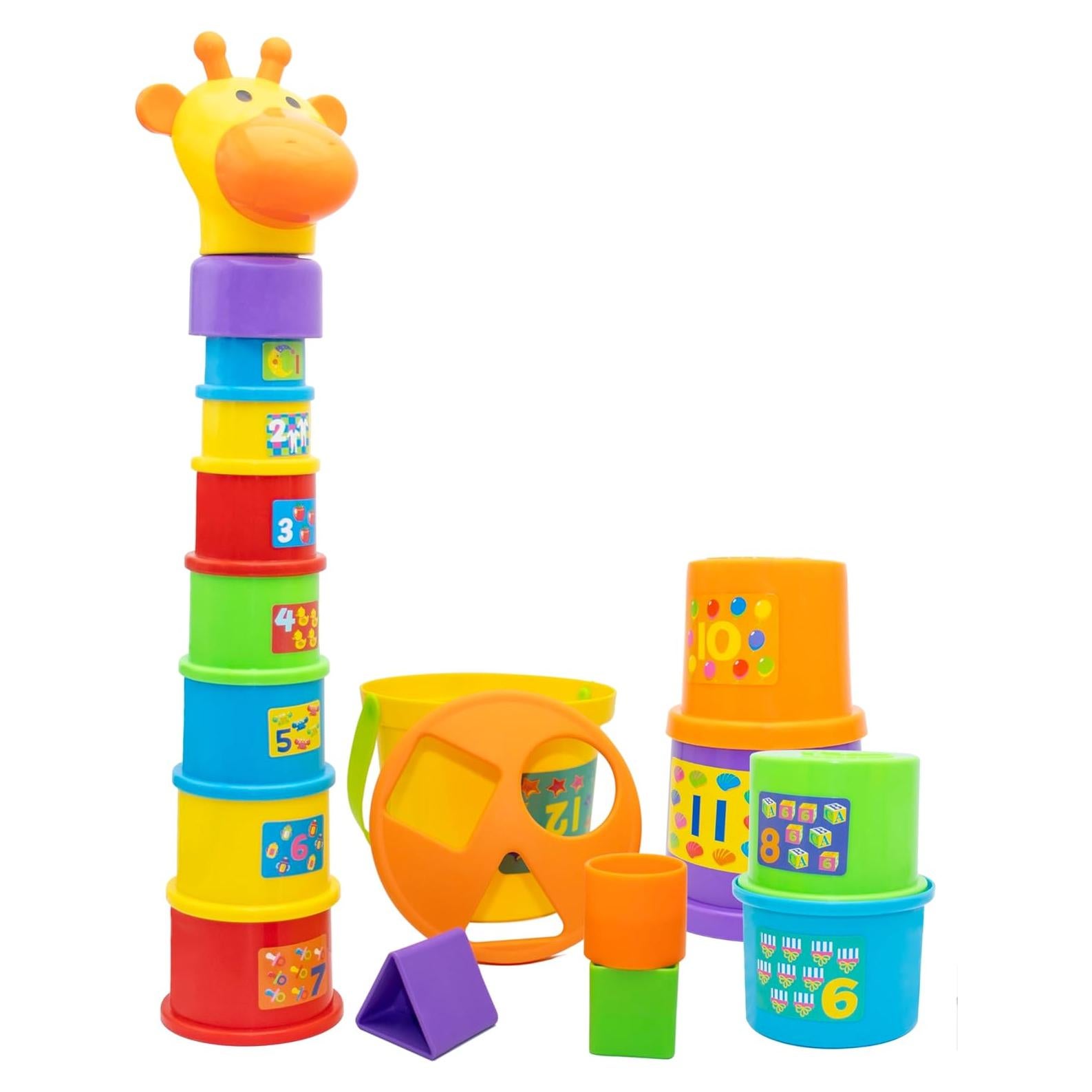 Stacking Cups for Toddlers 1-3, 12-Piece Giraffe Cups with Number Stickers & 3 Shape Sorters, Montessori Toy with Animal Stamping, Bath & Sand Gift”