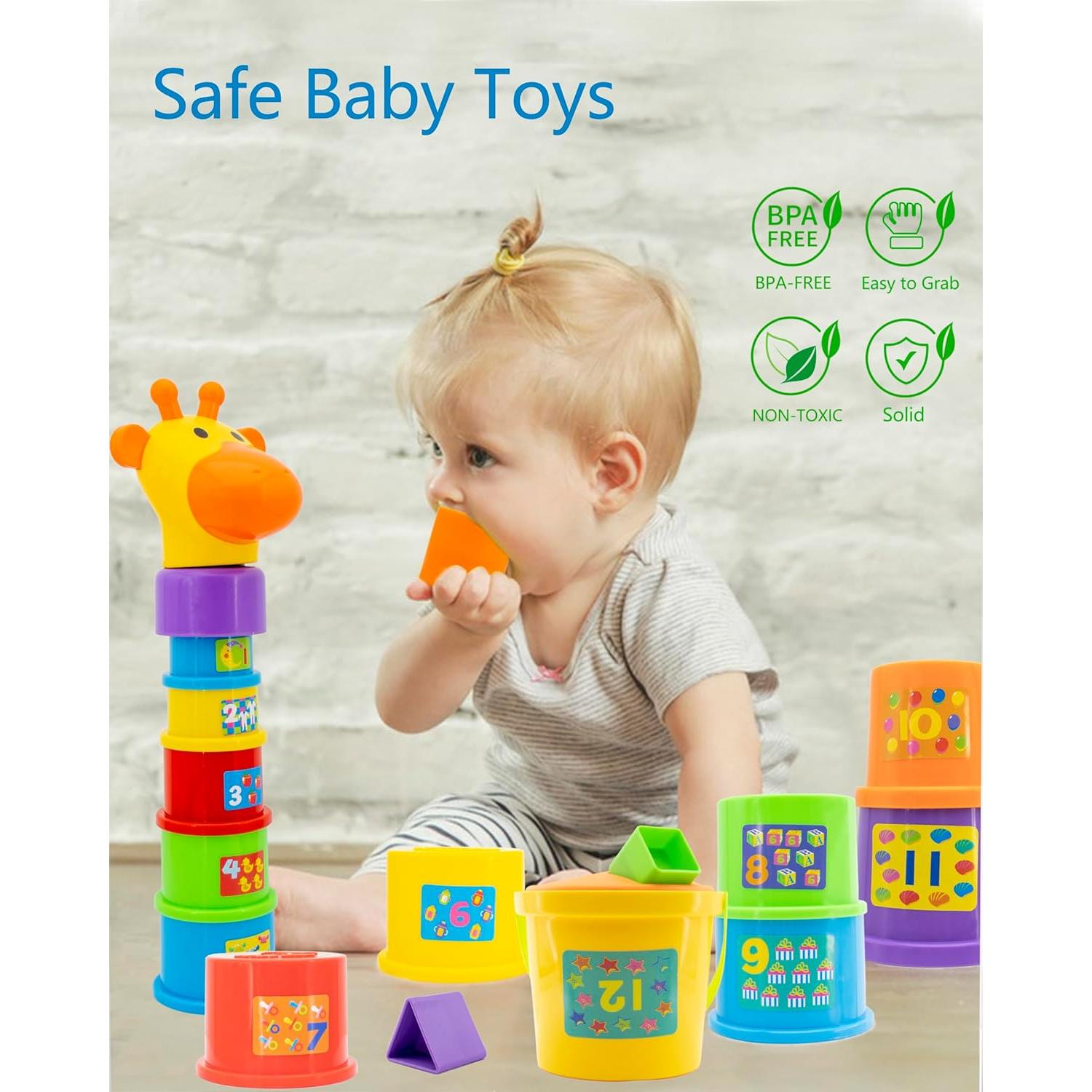 Stacking Cups for Toddlers 1-3, 12-Piece Giraffe Cups with Number Stickers & 3 Shape Sorters, Montessori Toy with Animal Stamping, Bath & Sand Gift”