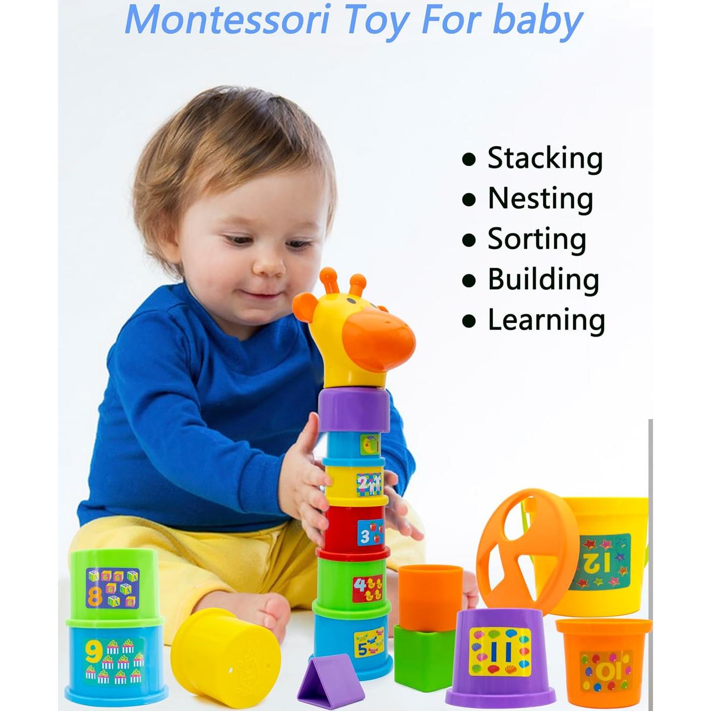 Stacking Cups for Toddlers 1-3, 12-Piece Giraffe Cups with Number Stickers & 3 Shape Sorters, Montessori Toy with Animal Stamping, Bath & Sand Gift”