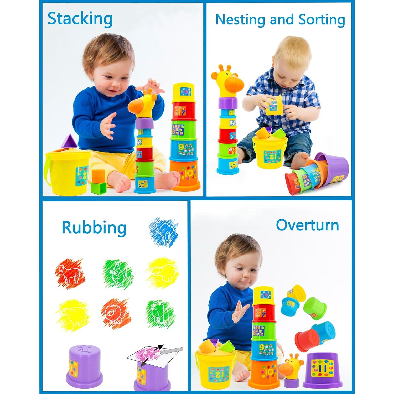 Stacking Cups for Toddlers 1-3, 12-Piece Giraffe Cups with Number Stickers & 3 Shape Sorters, Montessori Toy with Animal Stamping, Bath & Sand Gift”