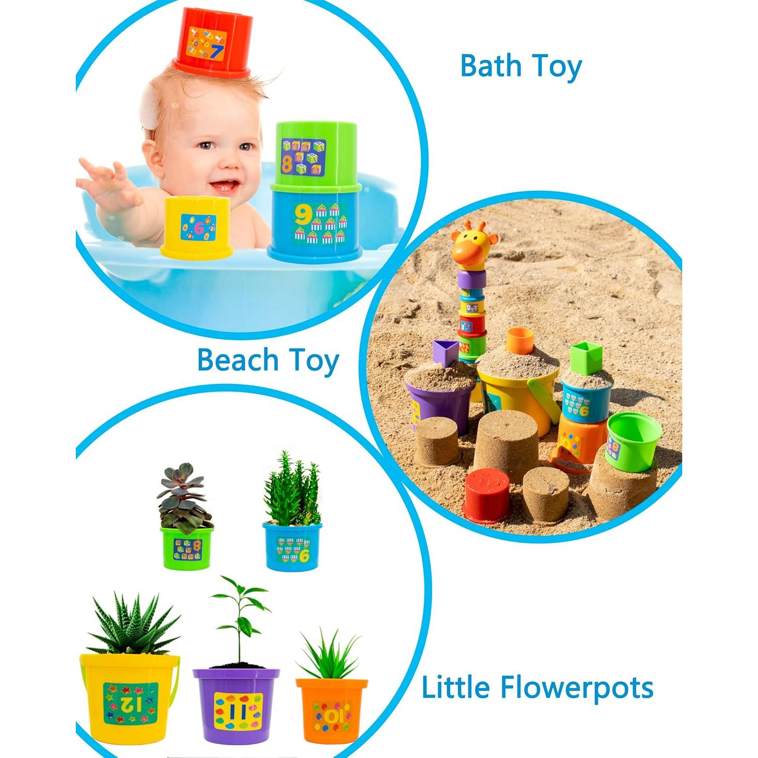 Stacking Cups for Toddlers 1-3, 12-Piece Giraffe Cups with Number Stickers & 3 Shape Sorters, Montessori Toy with Animal Stamping, Bath & Sand Gift”