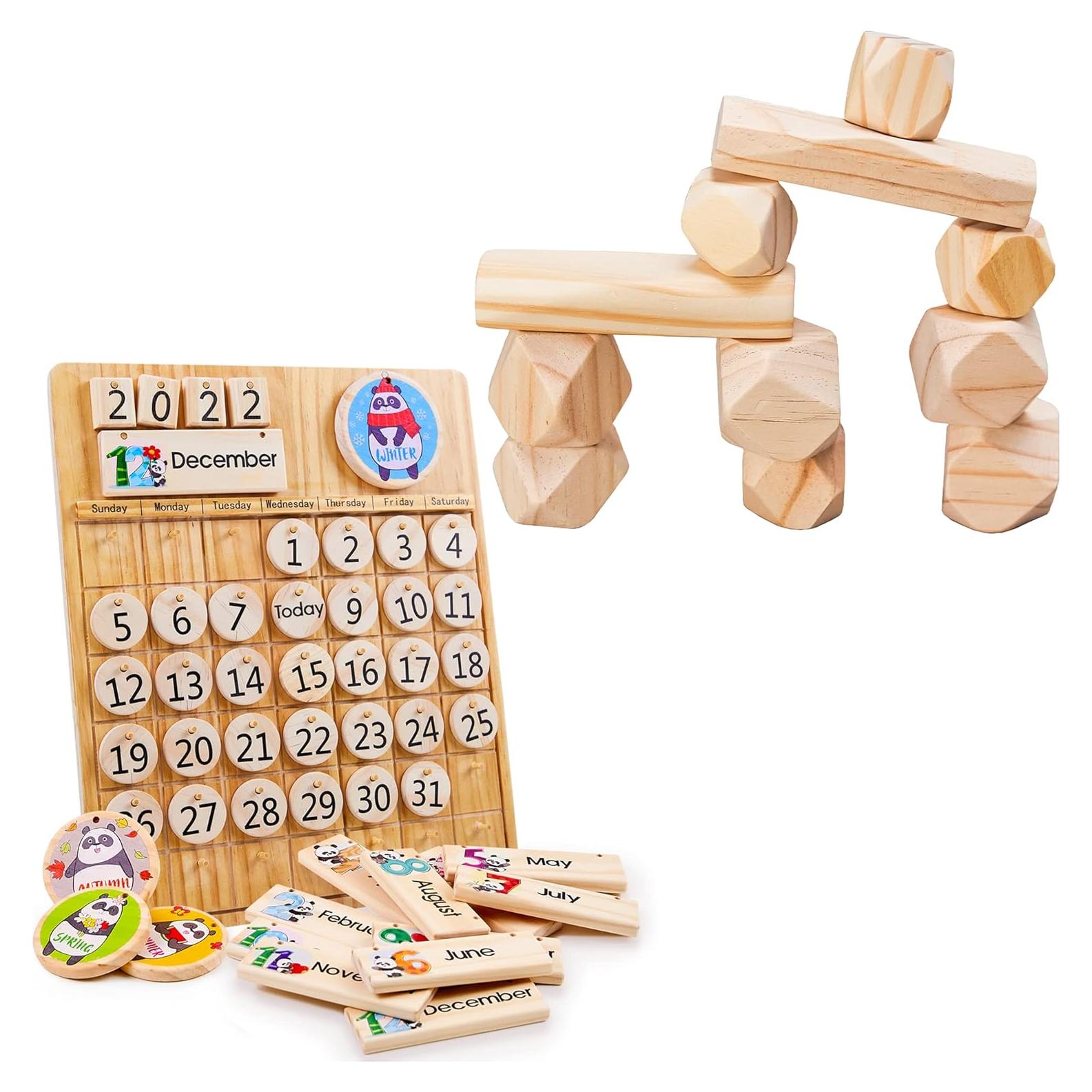 Conjunto de Juguetes Montessori Panda Brothers - Piedras de Equilibrio y Calendario de Madera
