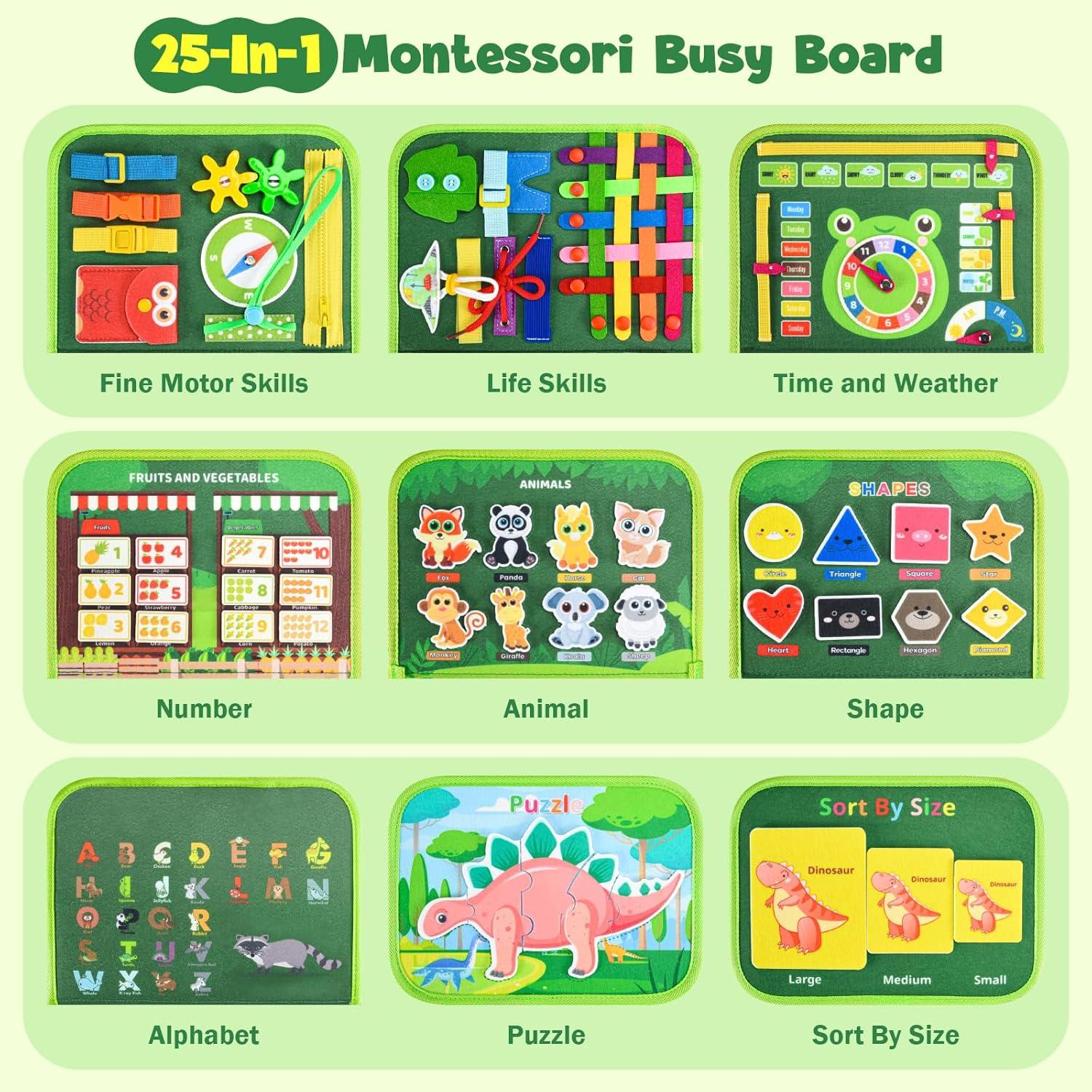 Busy Board Montessori Asten Verde 25-en-1 para Niños 4-5 Años