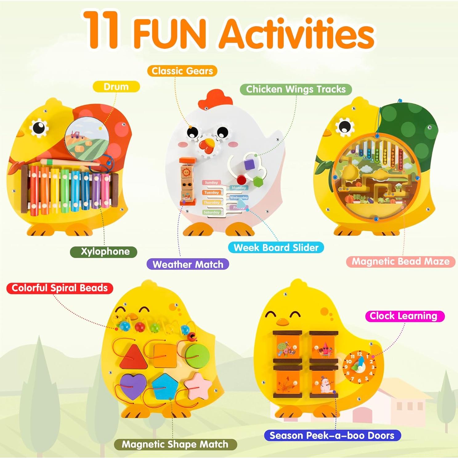 Panel de Actividades Montessori Chick Squad 11 en 1 para Niños