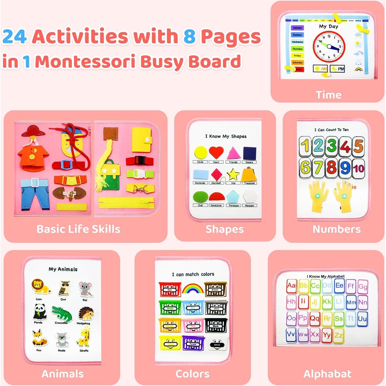 Tablero Ocupado Montessori Rosa - Juguete Educativo 24 Actividades