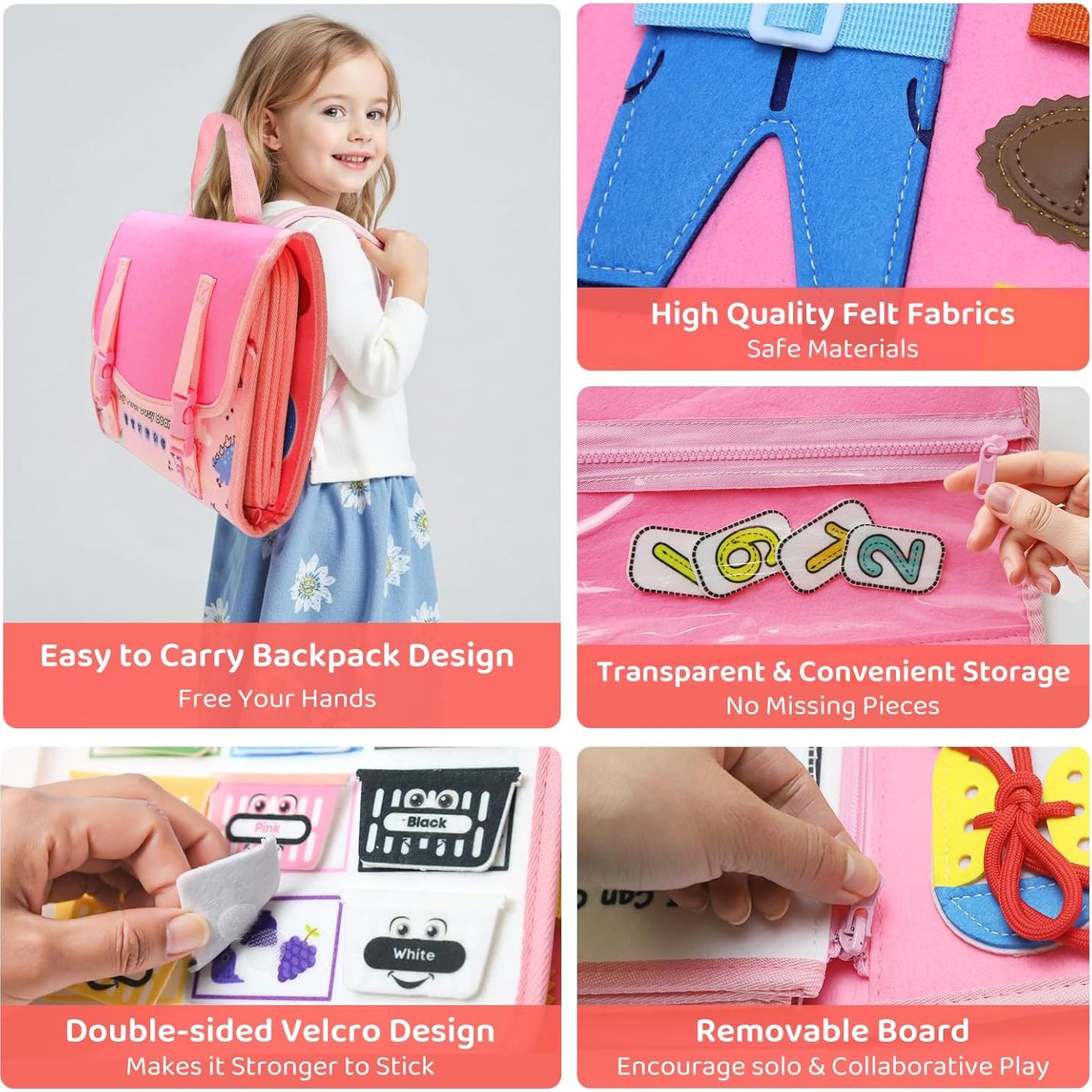 Tablero Ocupado Montessori Rosa - Juguete Educativo 24 Actividades