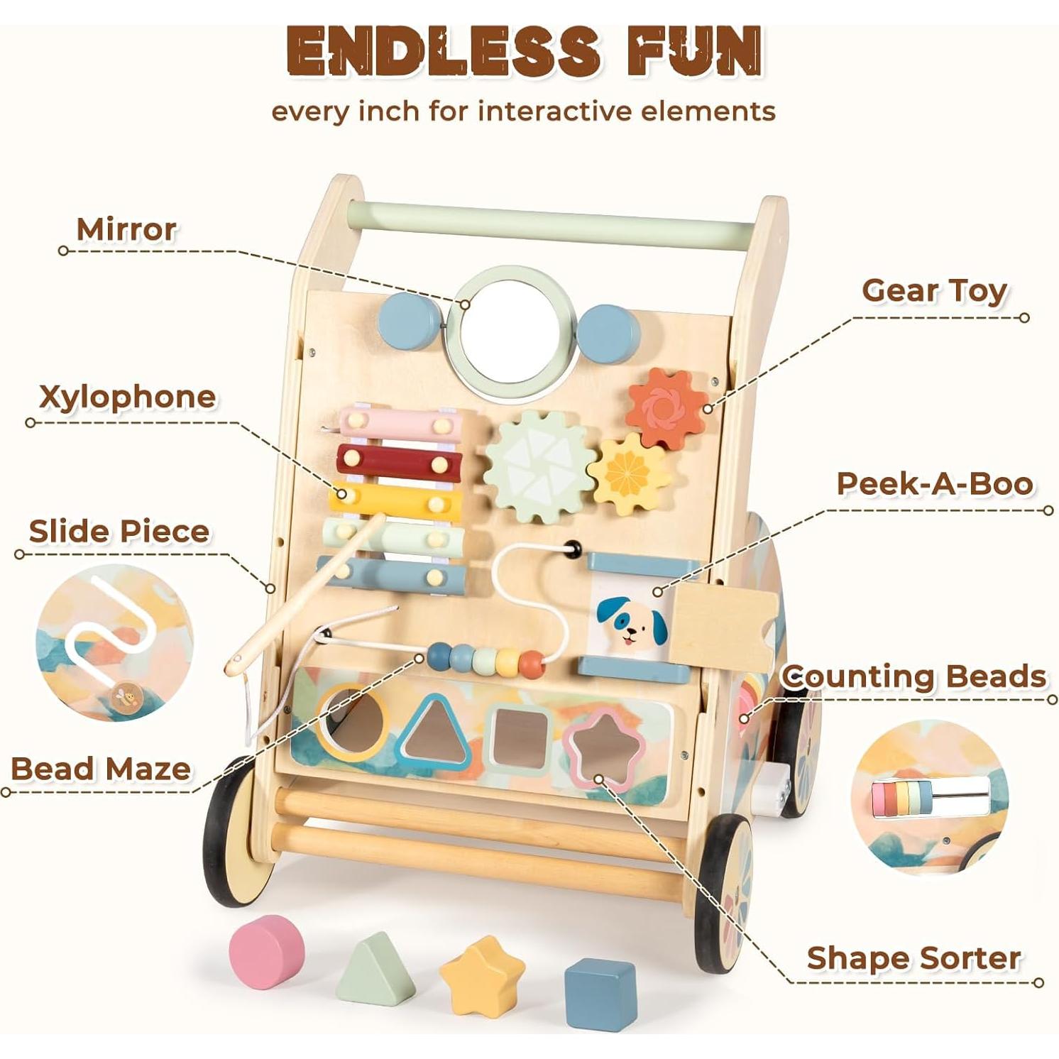 Caminador de Madera LOL-FUN con Tablero de Actividades 6-12 Meses