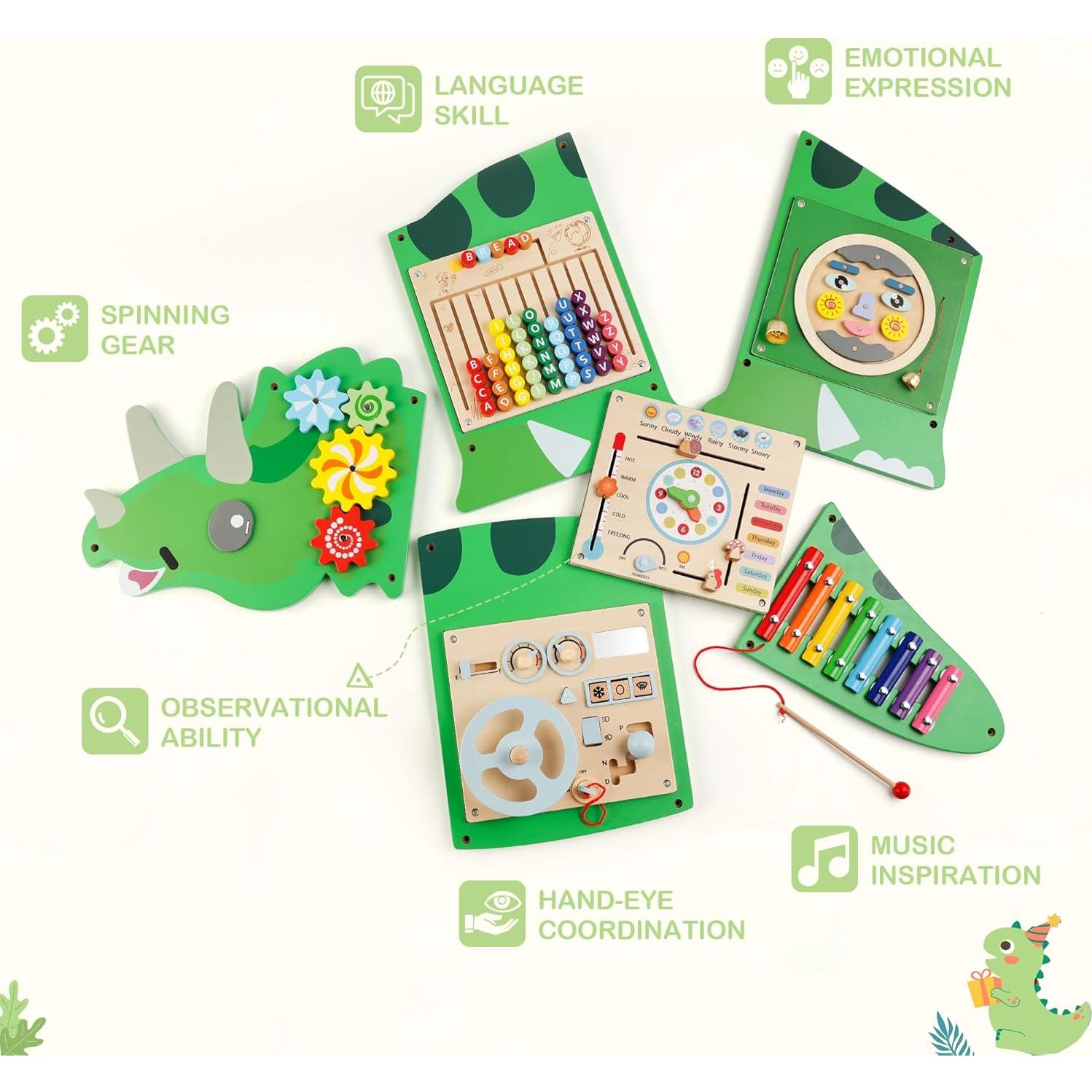 Tablero Ocupado Montessori Triceratops 5 Paneles Sensoriales