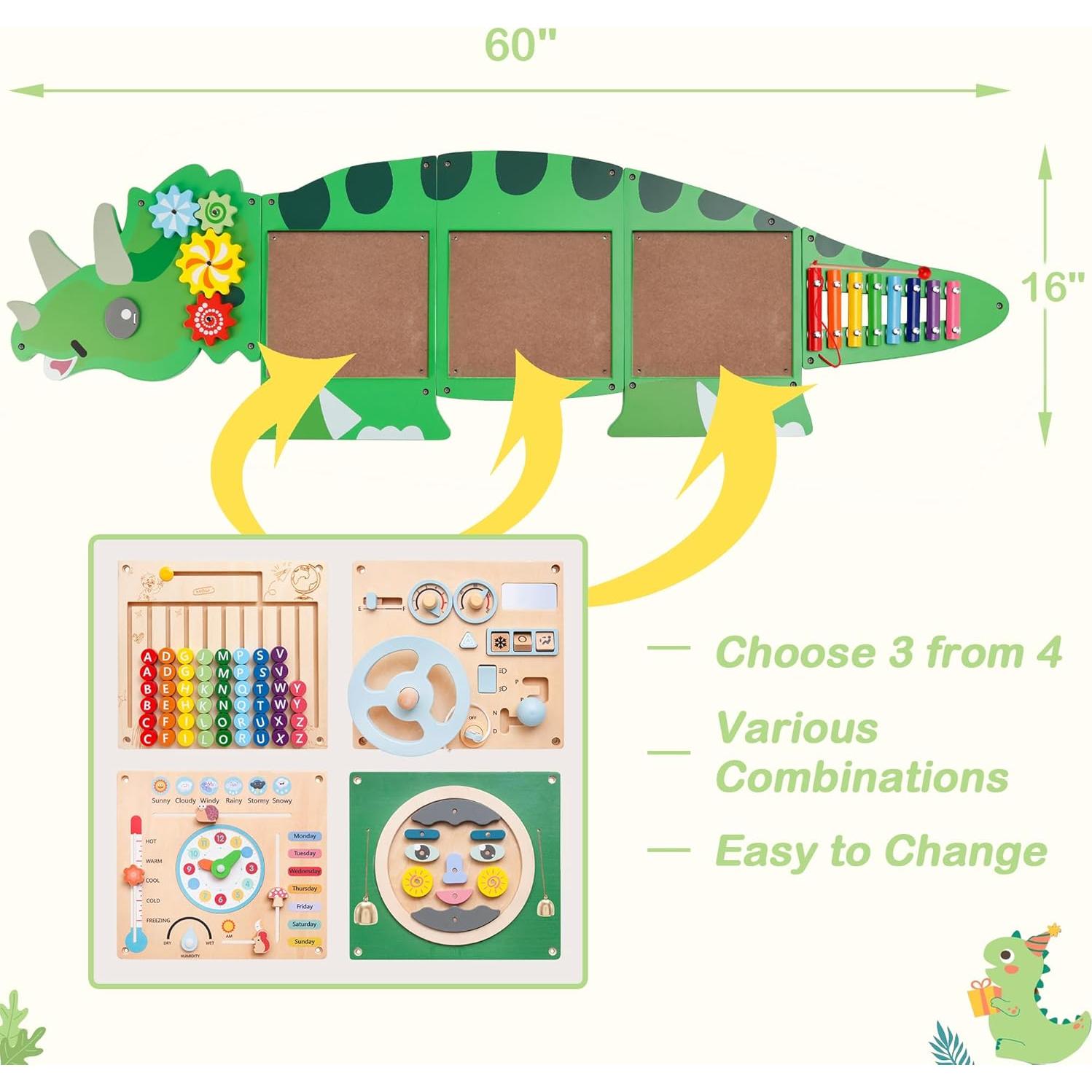 Tablero Ocupado Montessori Triceratops 5 Paneles Sensoriales