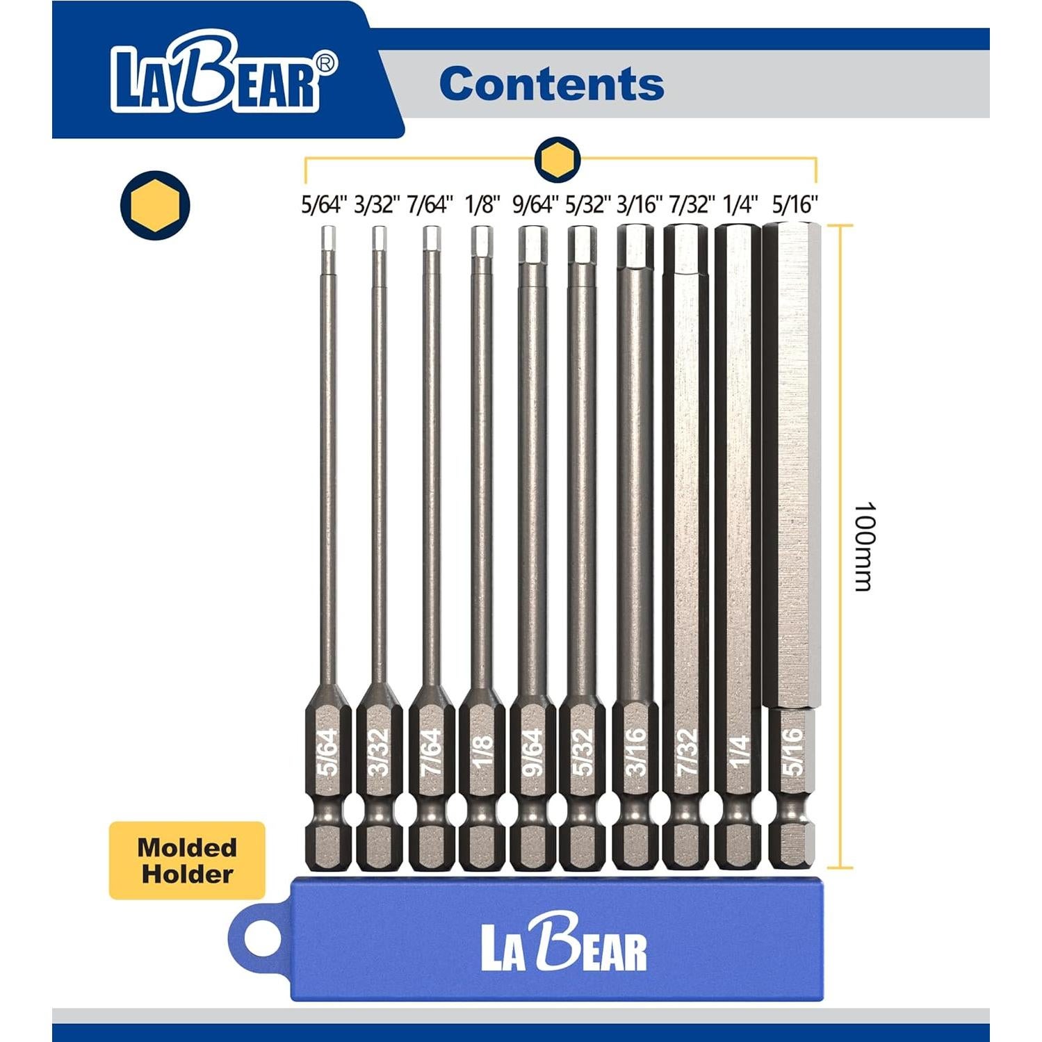 Juego de 10 Brocas Hexagonales LABEAR 10.16 cm Acero S2