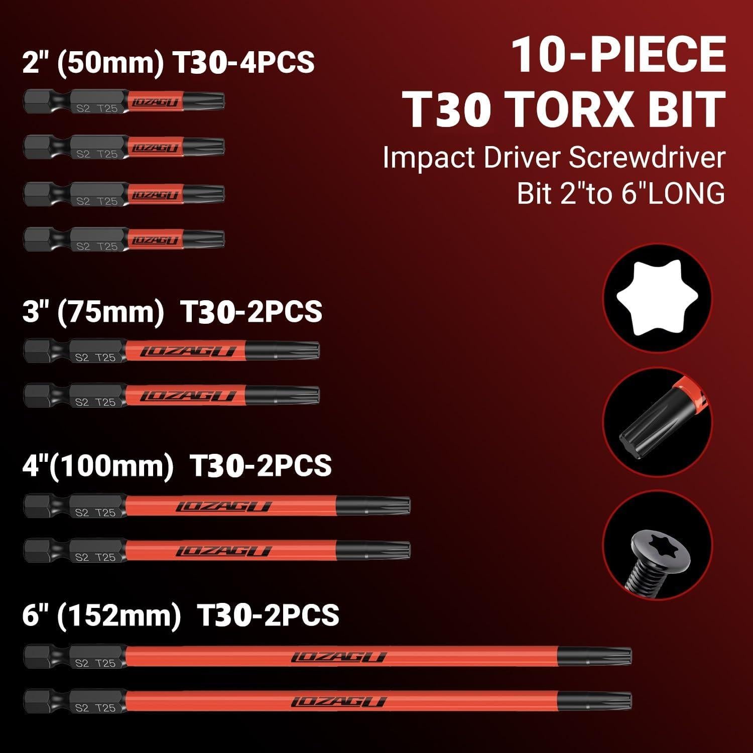 Juego de 10 Puntas Torx T30 Magnéticas 50-152mm Acero S2
