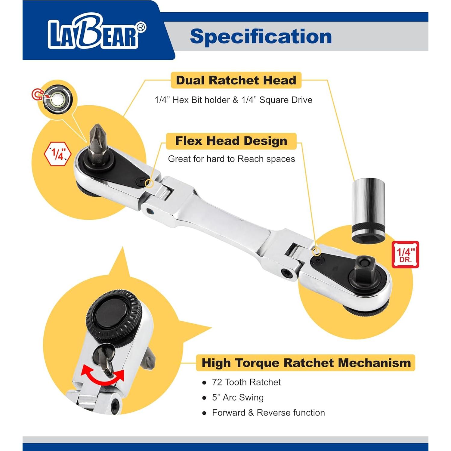 Carraca Dual Flexible LABEAR 1/4" con Cabeza de 180°