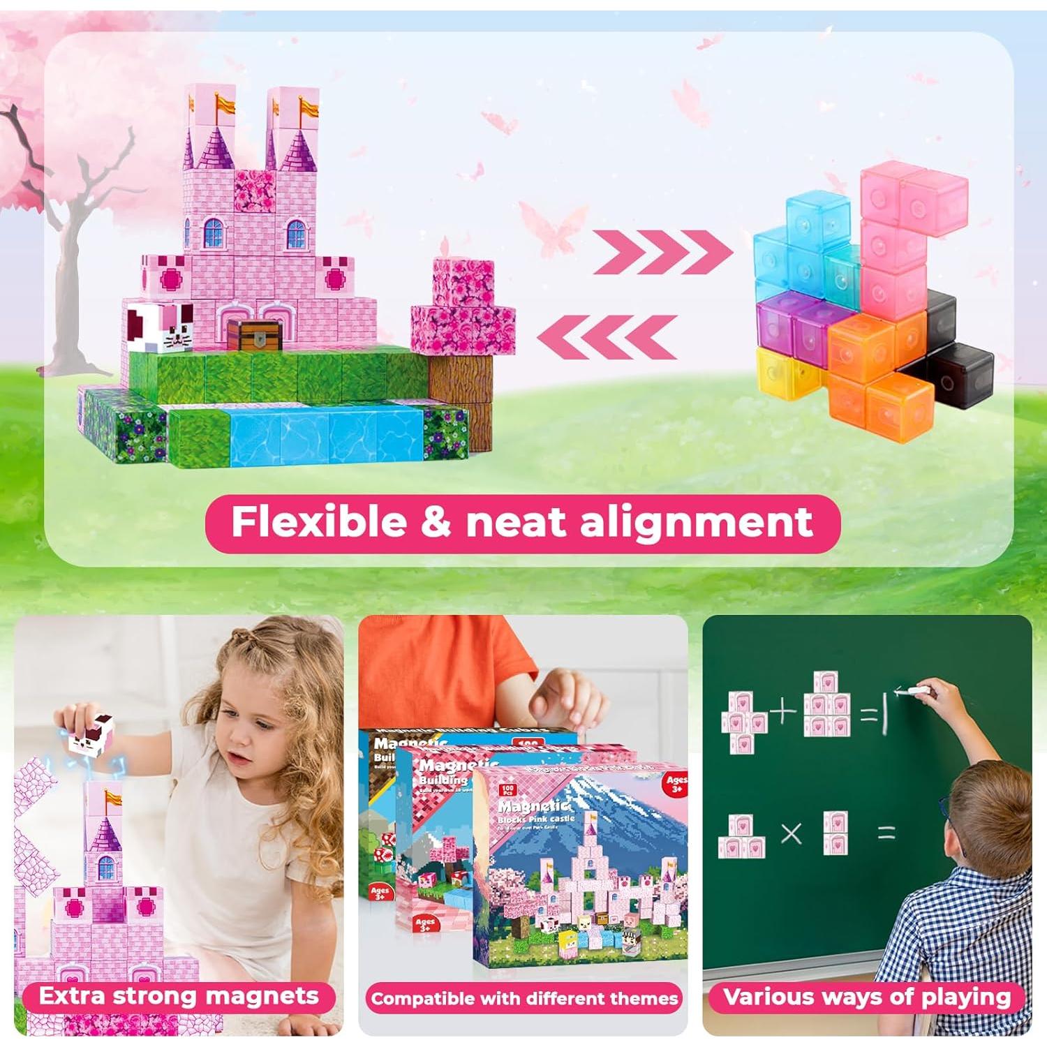 Bloques Magnéticos Magneverse 100PCS Castillo Rosa para Niños