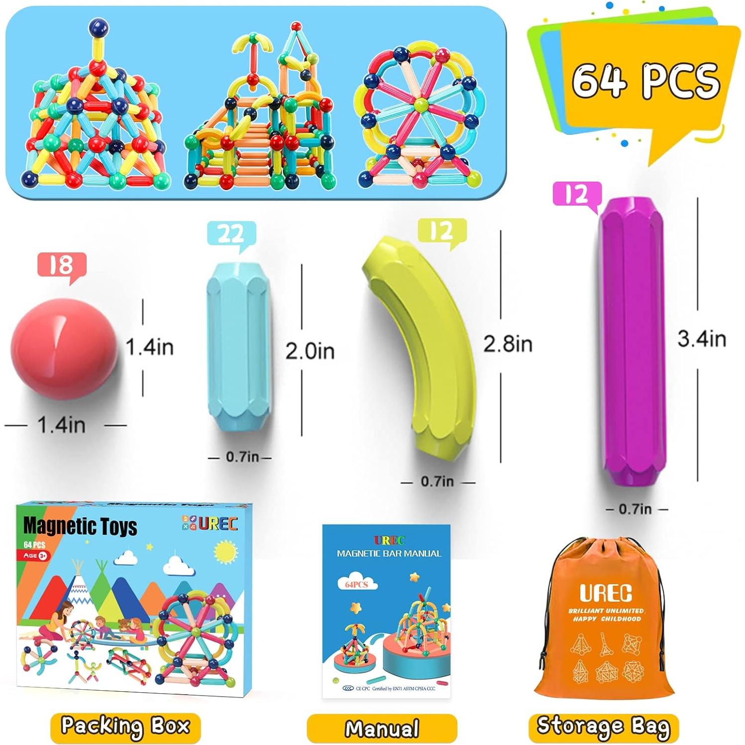 Bloques de Construcción Magnéticos UREC MGB-64, 64 Piezas, 0.71 kg