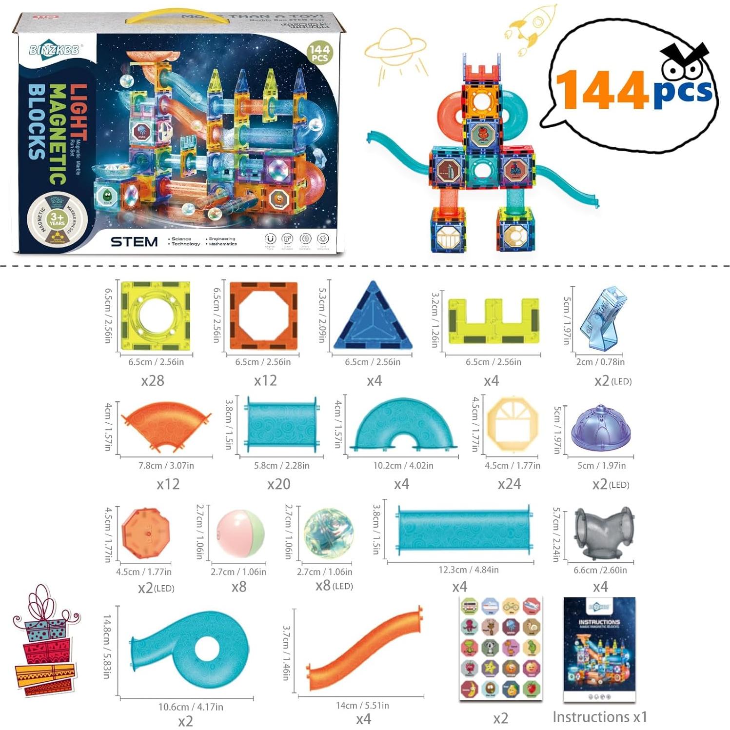 Bloques de Construcción Magnéticos BINZKBB 144 Piezas con LED