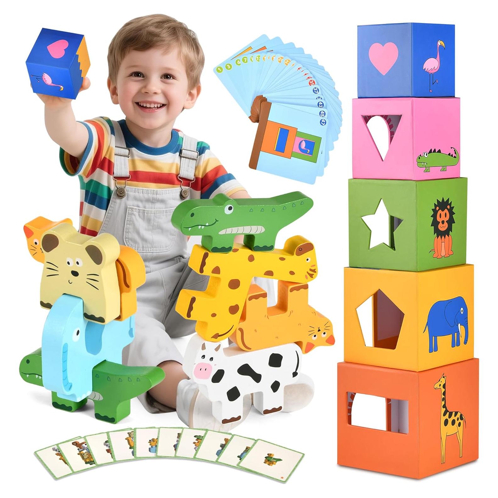 Juguetes Apilables Montessori DICROON - Bloques de Animales y Cajas Anidadas