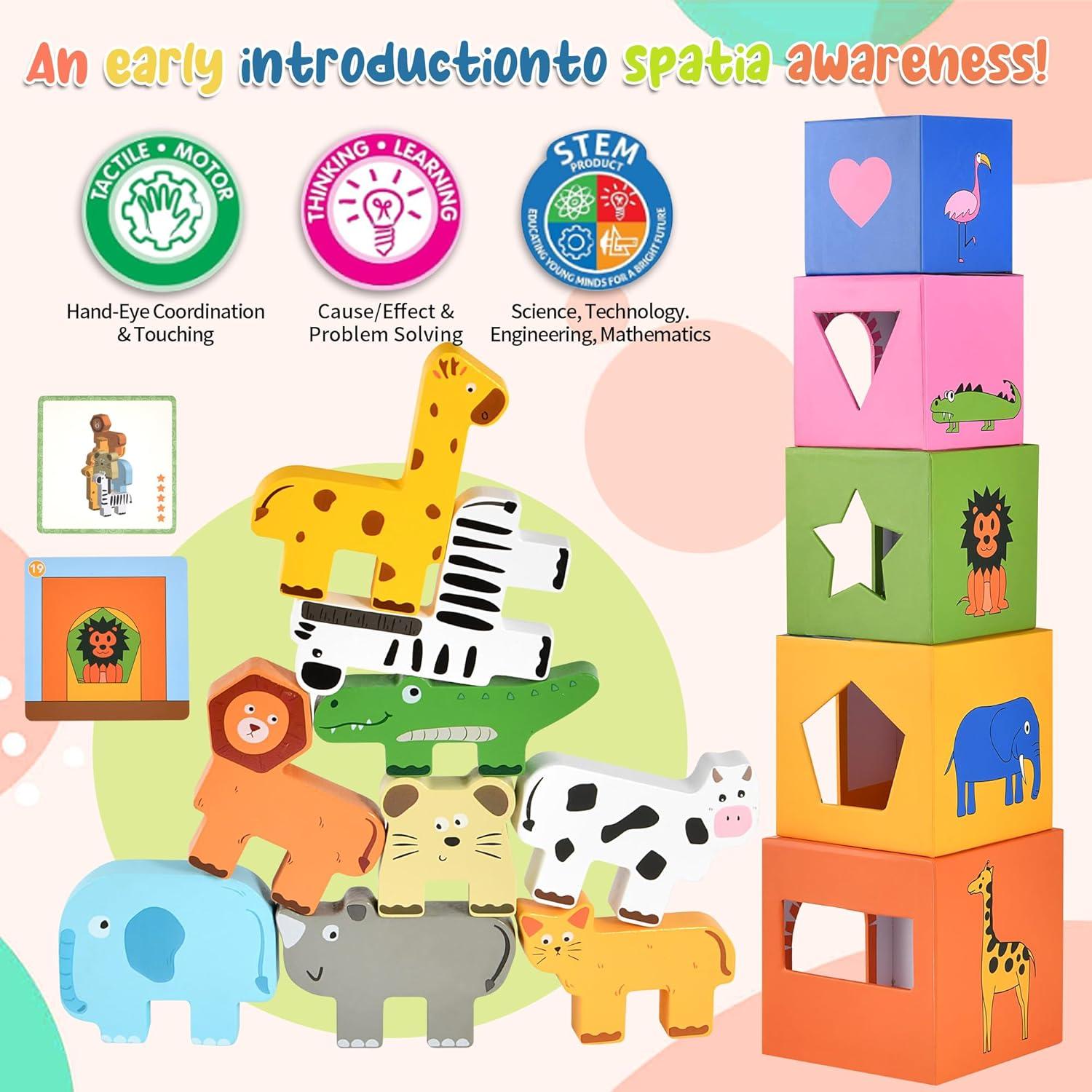 Juguetes Apilables Montessori DICROON - Bloques de Animales y Cajas Anidadas