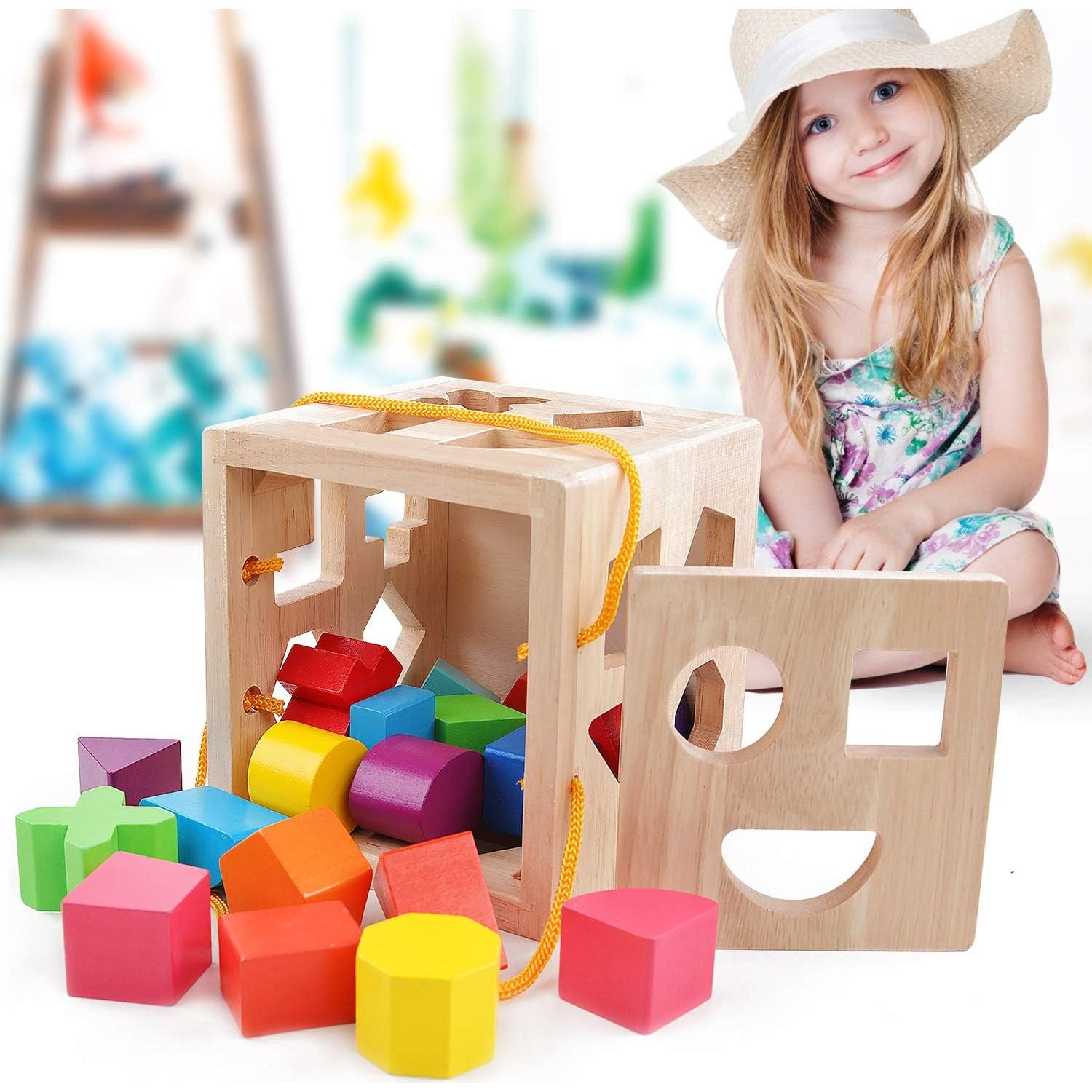 Cubo Clasificador de Formas QZMTOY de Madera para Niños 18m+