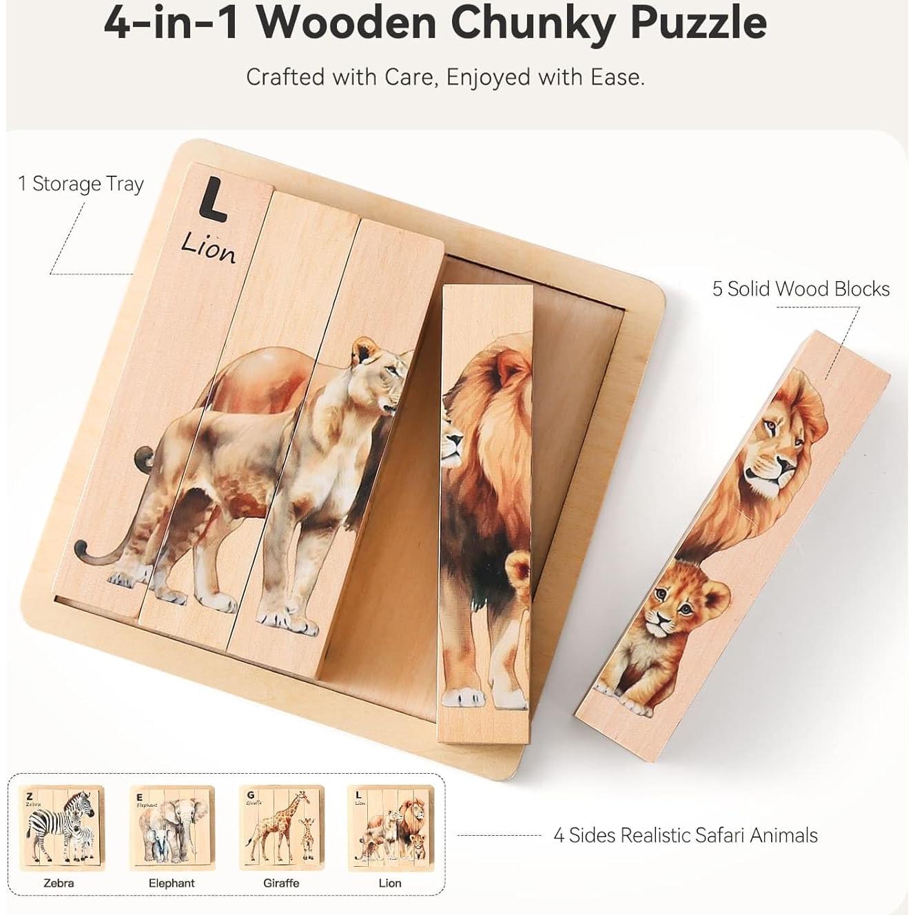 Rompecabezas de Animales Safari de Madera IEATFO 4 en 1