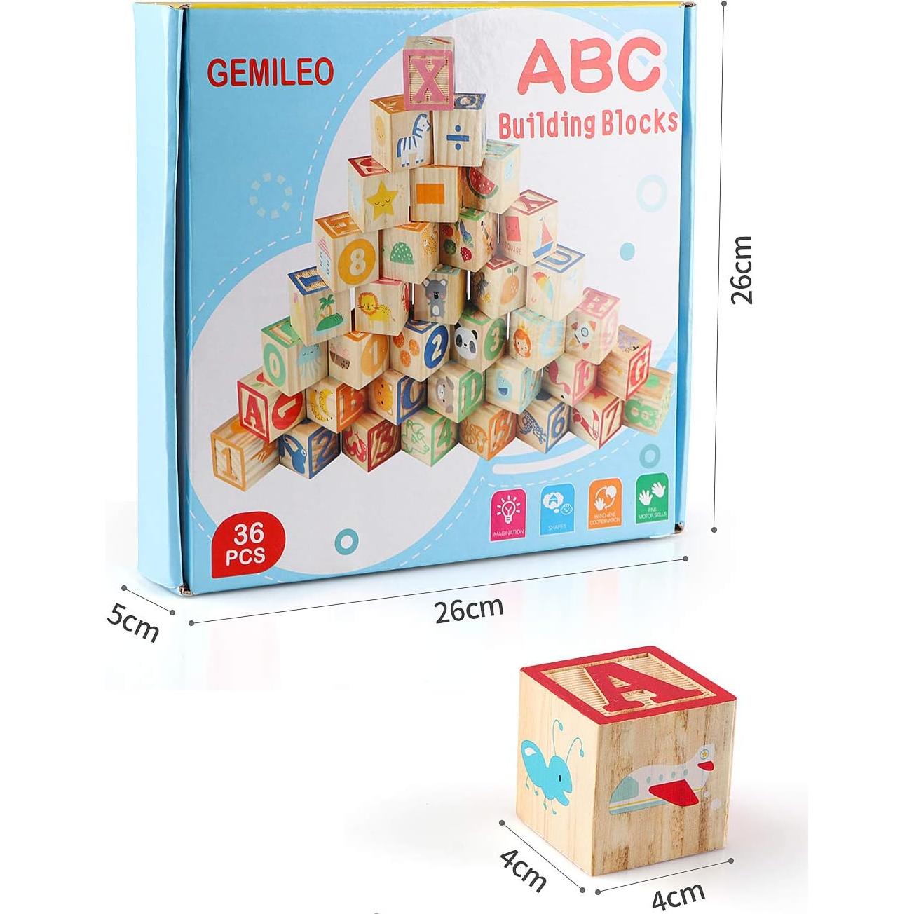 Bloques de Construcción de Madera Gemileo 36 PCS Alfabeto y Números