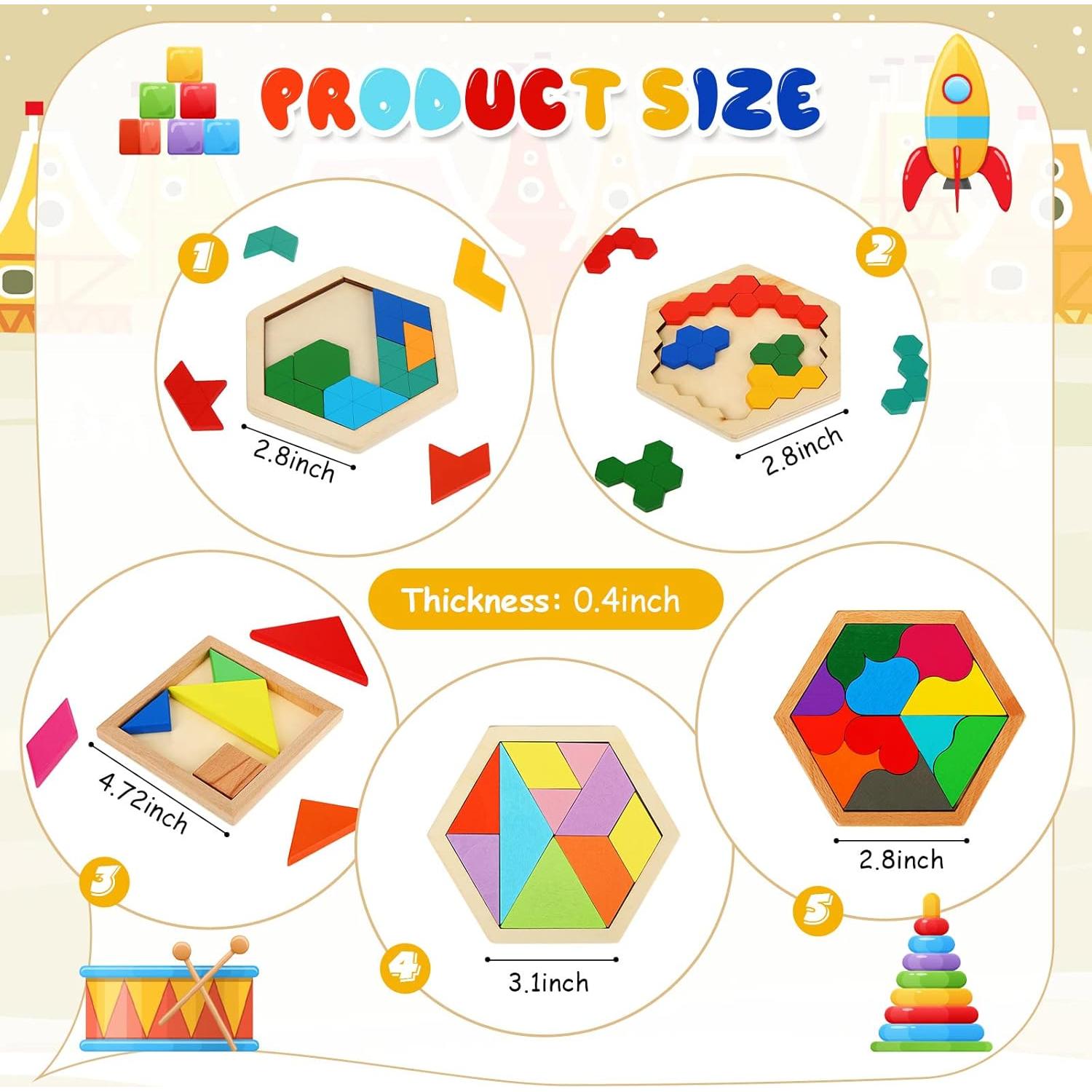 Paquete de 5 rompecabezas tangram de madera Jerify - Geometría