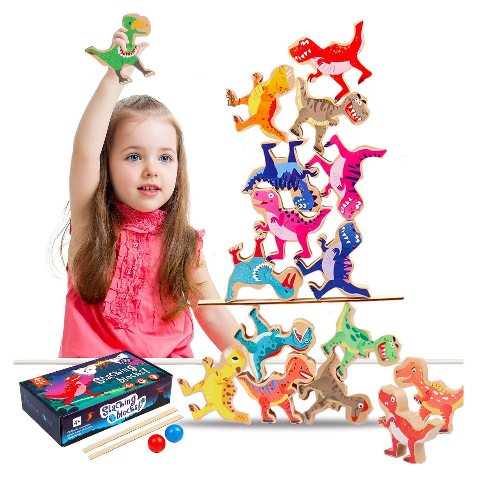 Juguete Apilable de Dinosaurios AULEGE - Bloques de Madera 16 Piezas