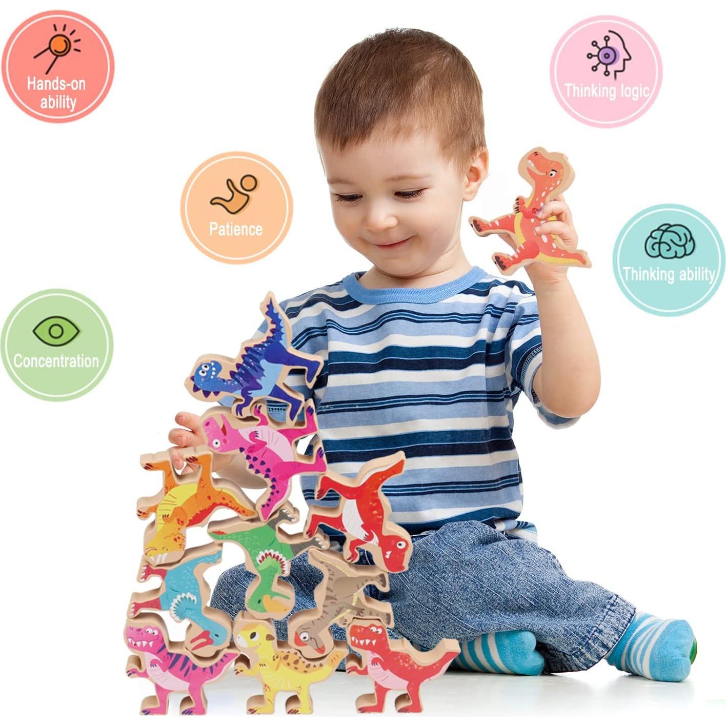 Juguete Apilable de Dinosaurios AULEGE - Bloques de Madera 16 Piezas