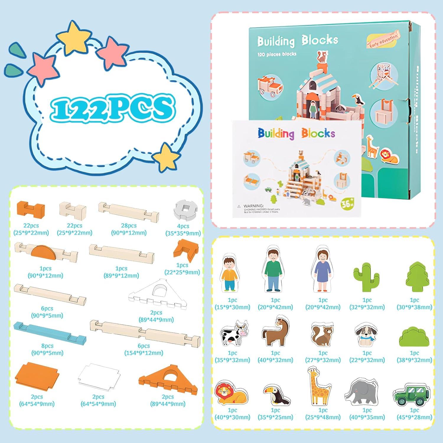 122 Piezas Bloques de Construcción de Madera Taimimy para Niños