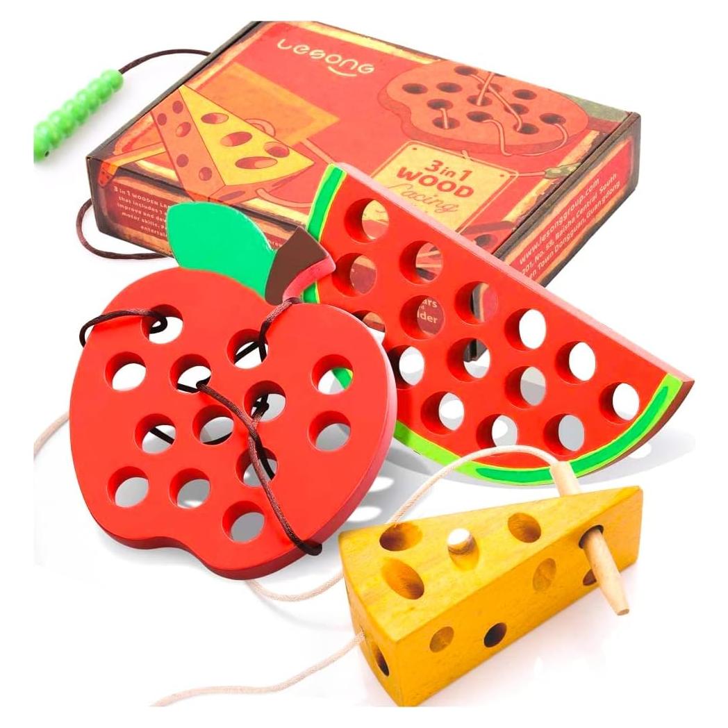 Juguete de Enhebrar de Madera Montessori - 3 Años - 3 Frutas