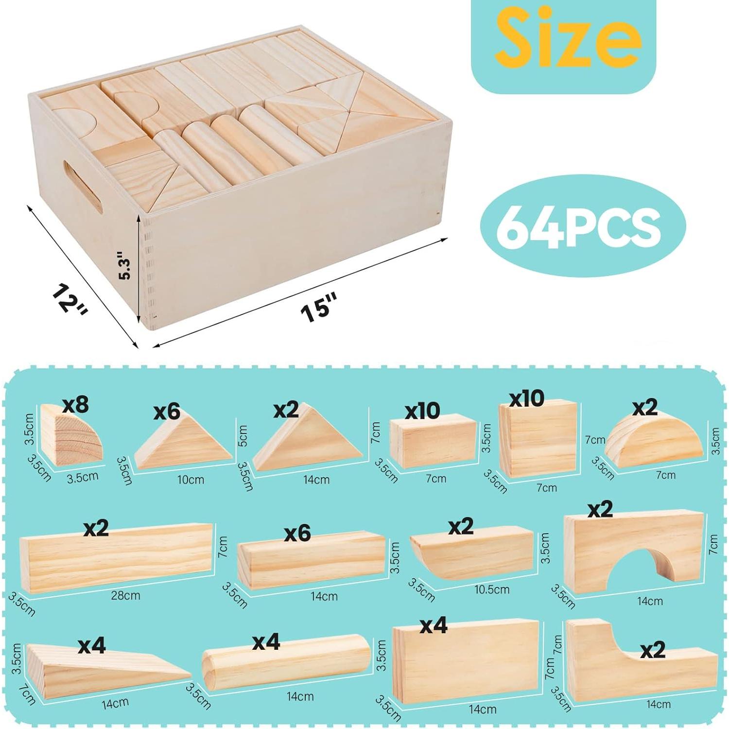 Bloques de Madera Grandes Onshine 64 Piezas para Niños 1-3 Años