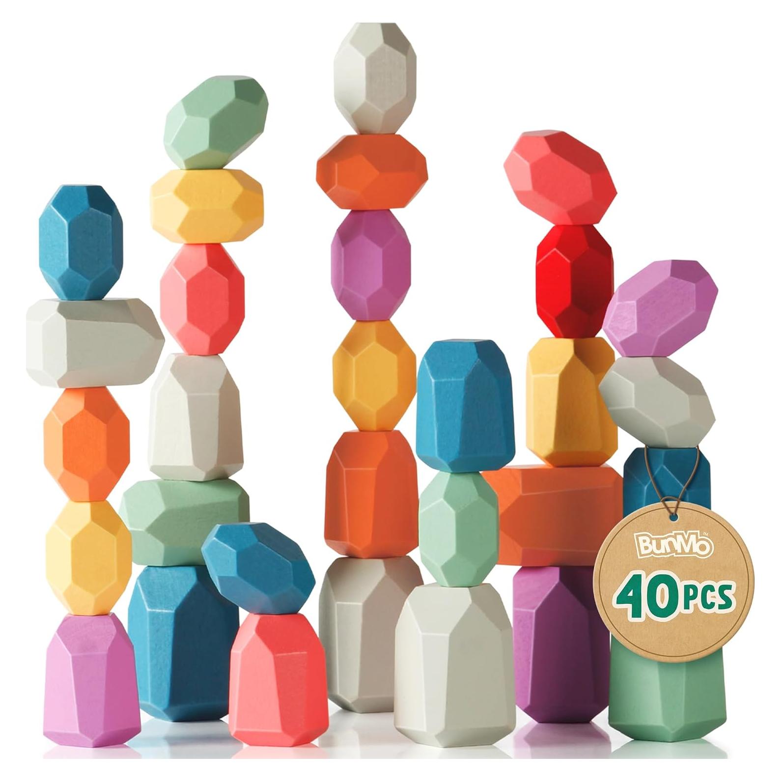 BunMo 40 Piezas Bloques de Madera Montessori Ecológicos