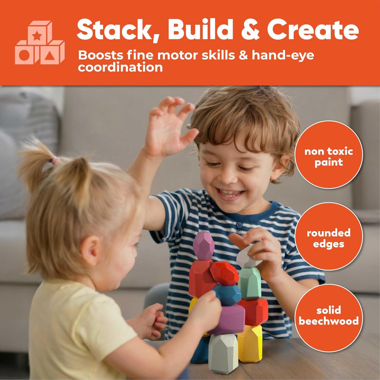 BunMo 40 Piezas Bloques de Madera Montessori Ecológicos