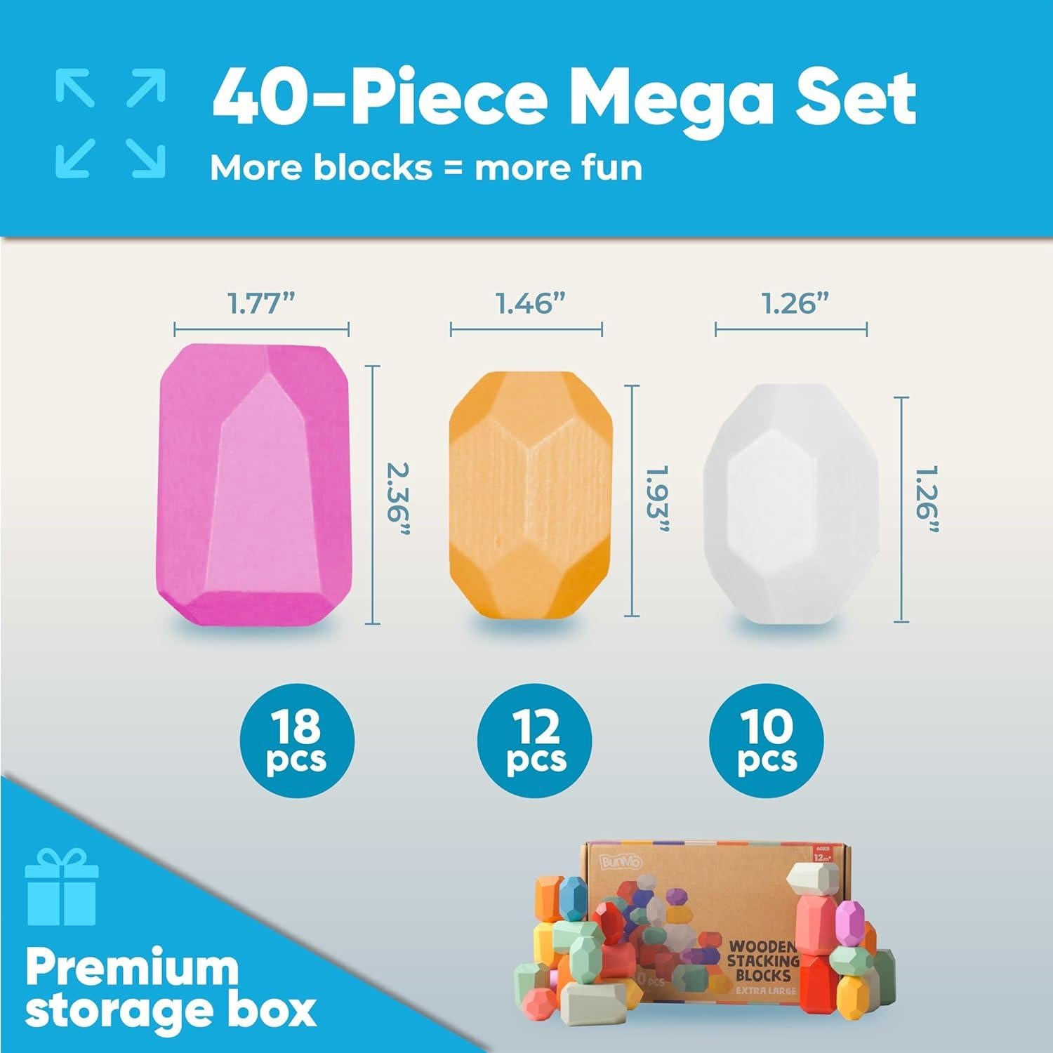 BunMo 40 Piezas Bloques de Madera Montessori Ecológicos