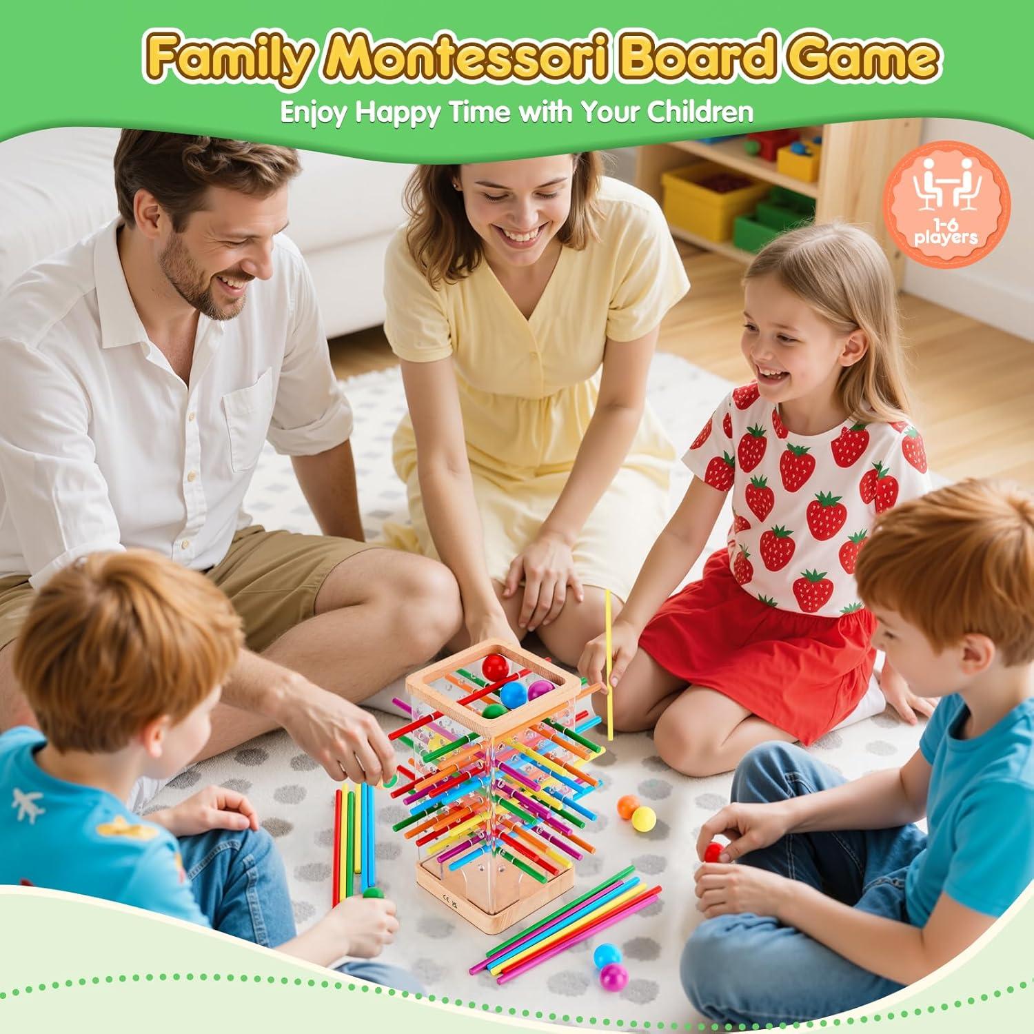 Juego de Mesa Montessori de Madera con 48 Palitos y 12 Pelotas