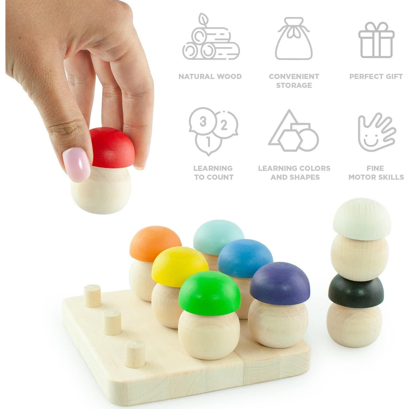 Juguetes Montessori Ulanik - Juego de Hongos de Madera 9 Piezas