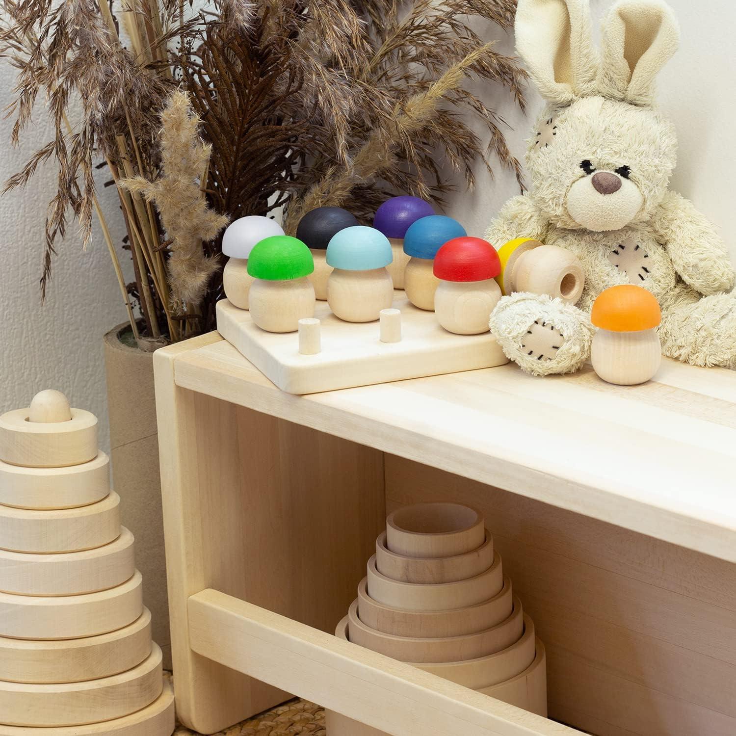 Juguetes Montessori Ulanik - Juego de Hongos de Madera 9 Piezas