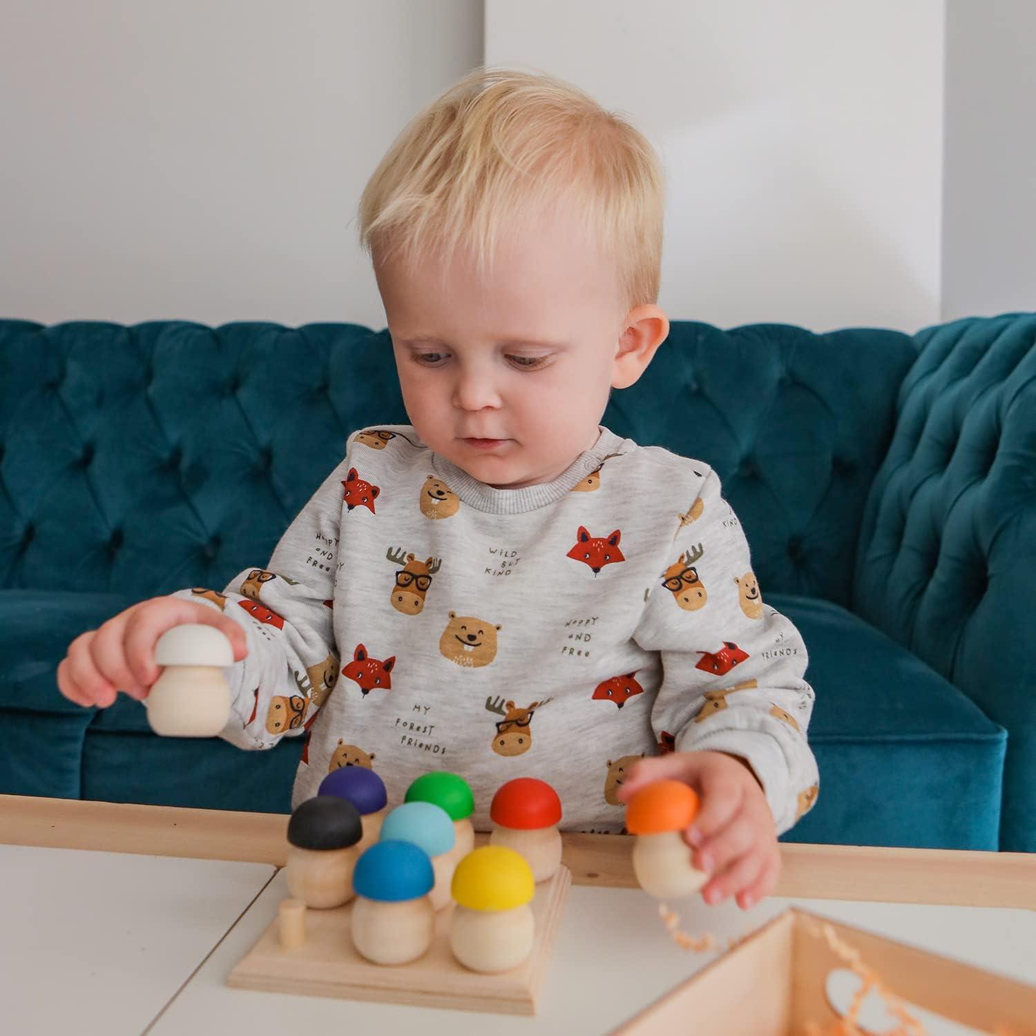 Juguetes Montessori Ulanik - Juego de Hongos de Madera 9 Piezas