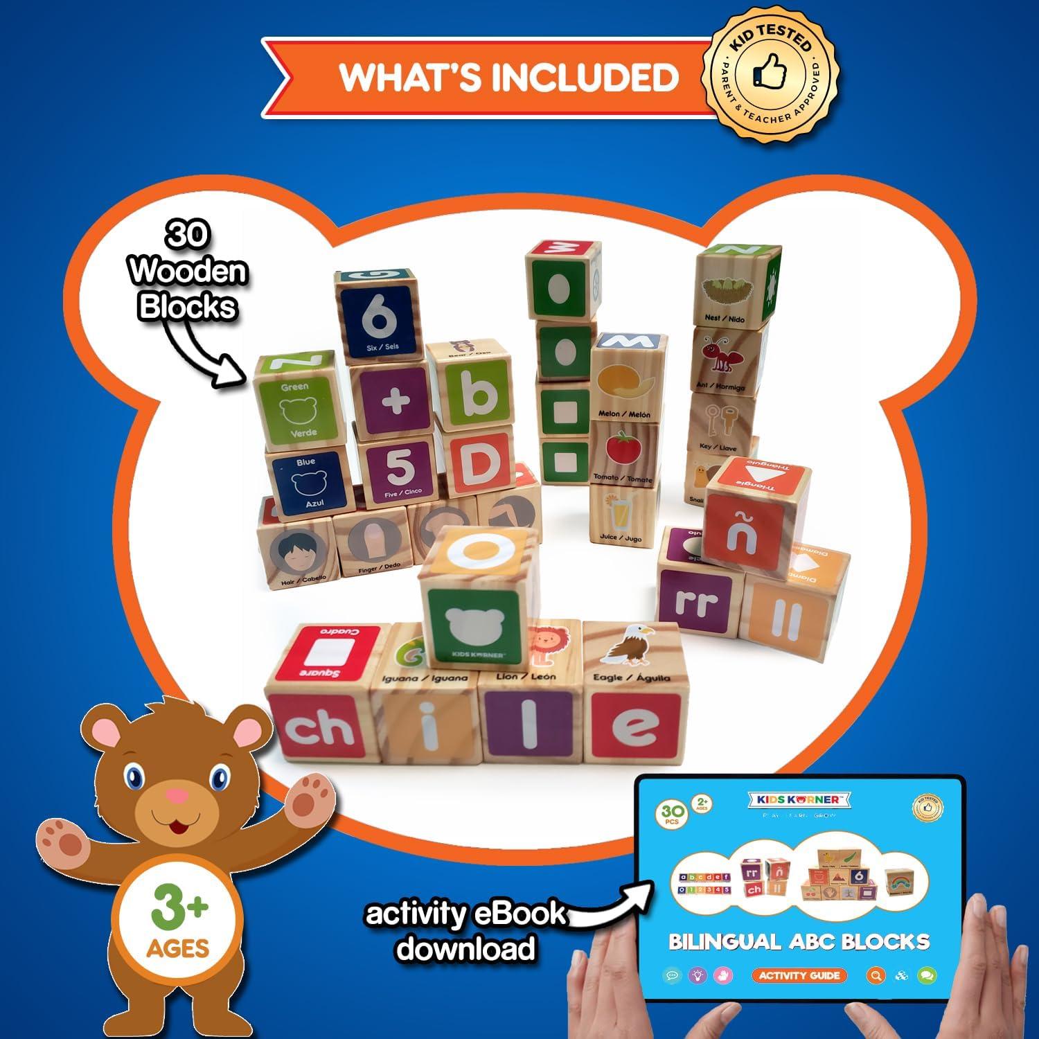 Bloques de Alfabeto Bilingües Kids Korner - 30 Bloques de Madera