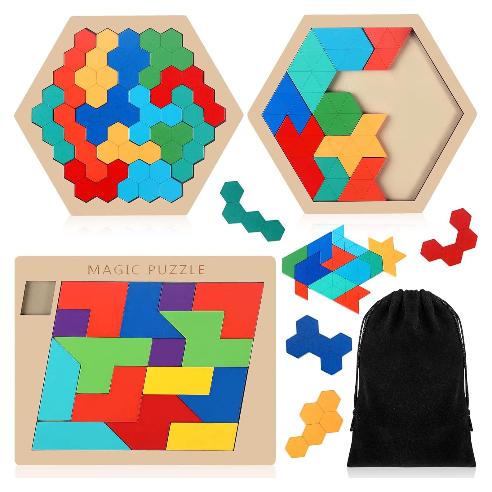 Rompecabezas de Madera Yunsailing 3 Piezas Hexágono y Rectángulo