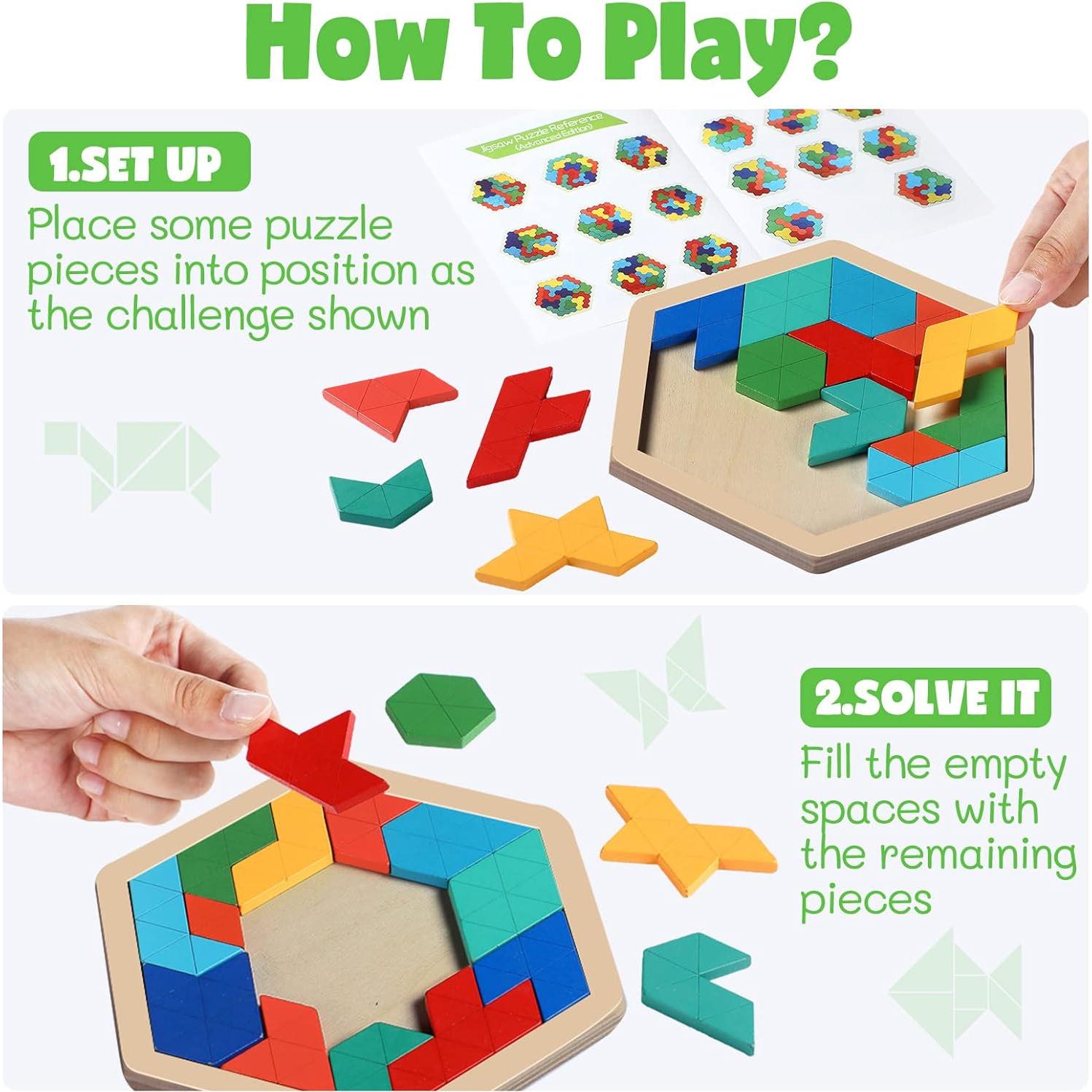 Rompecabezas de Madera Yunsailing 3 Piezas Hexágono y Rectángulo