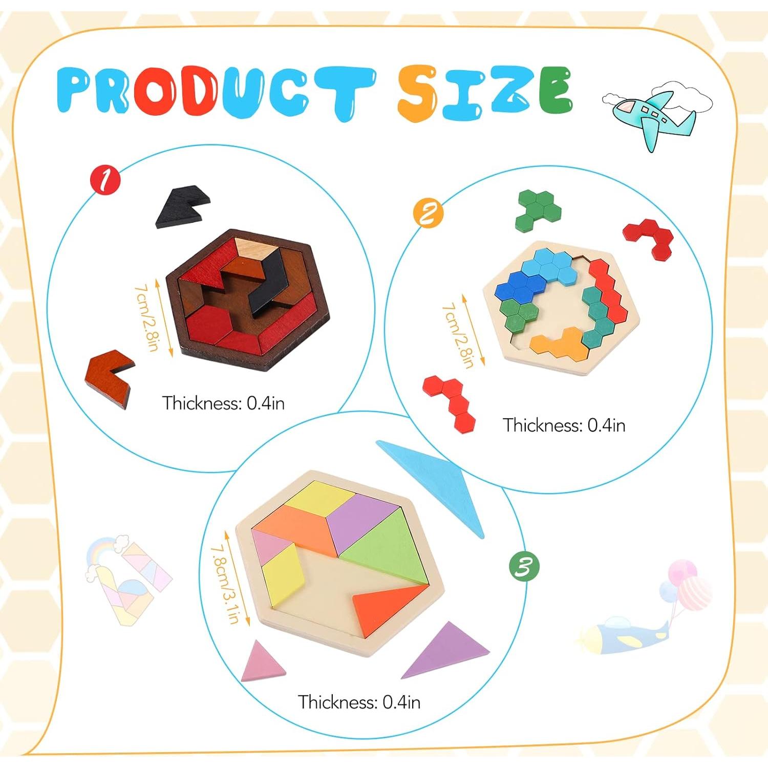 Paquete de 3 Rompecabezas Hexagonales de Madera Jerify