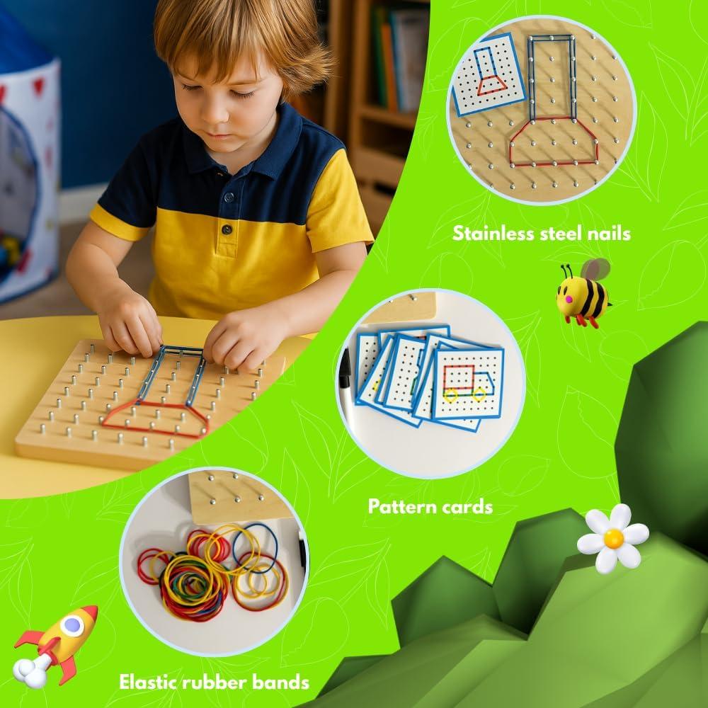 Geoboard de Madera Montessori Woodsynest 20x20cm 36 Tarjetas