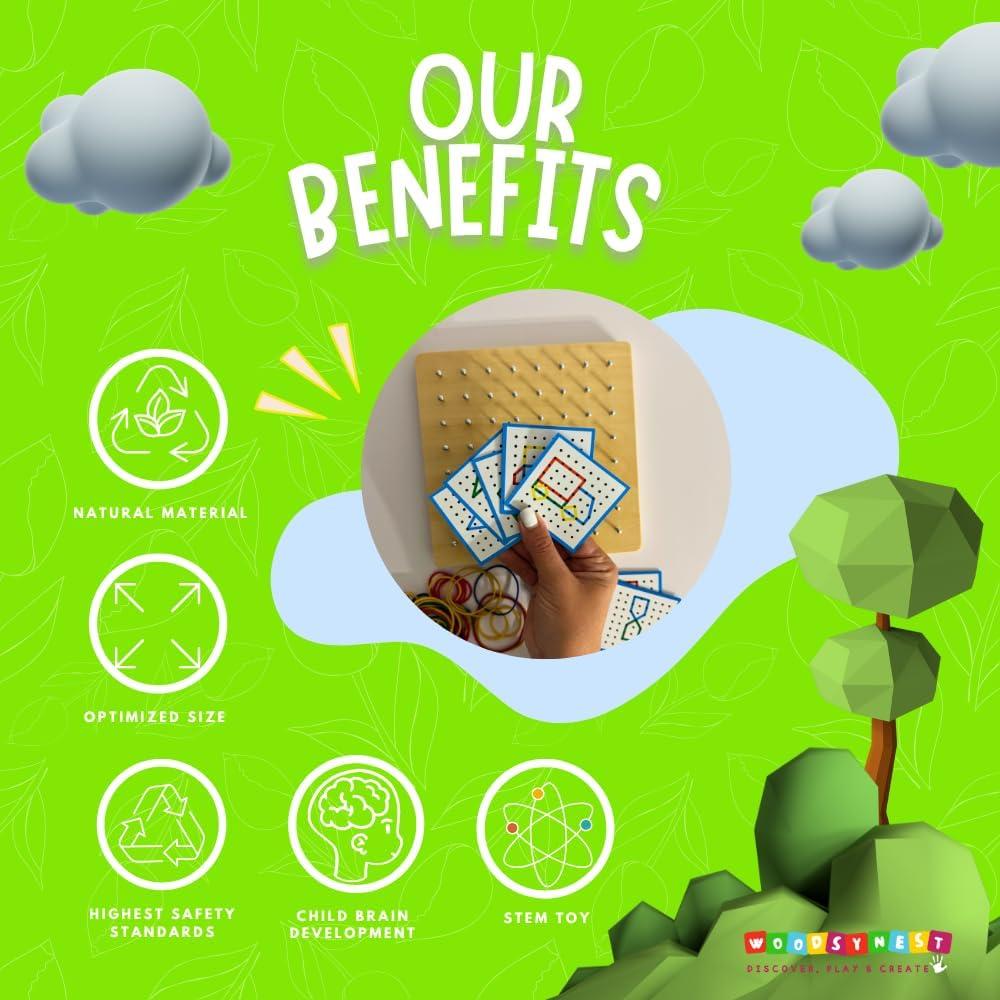 Geoboard de Madera Montessori Woodsynest 20x20cm 36 Tarjetas